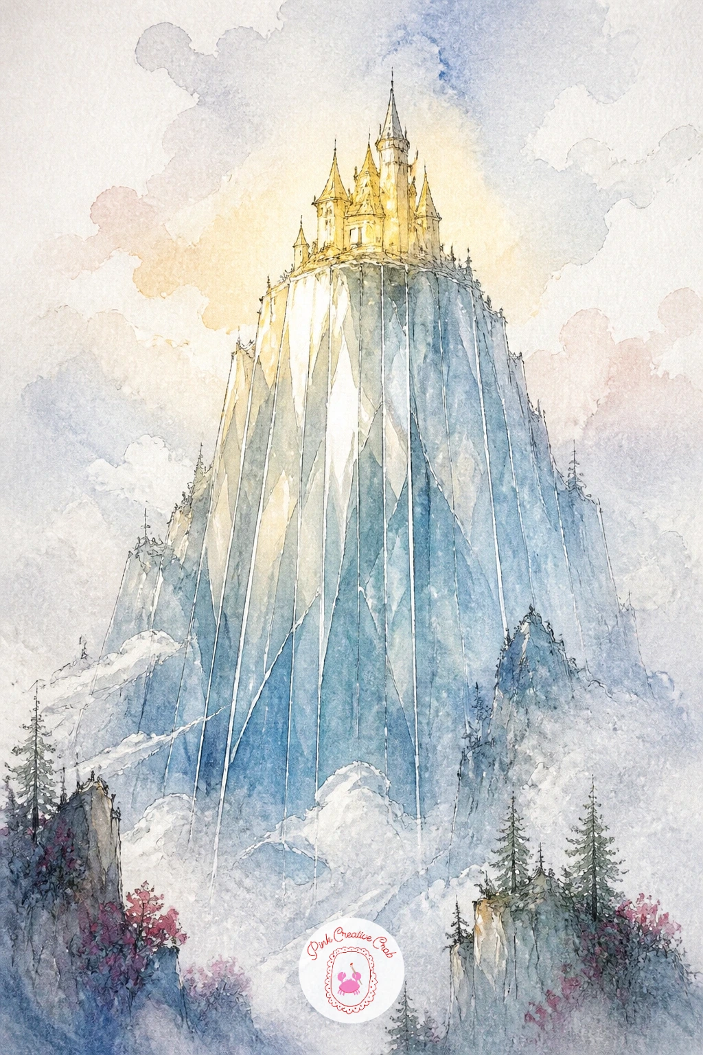 Castle On A Glass Mountain — Close the set with the most ambitious landscape here: a castle perched at the very top of a glass mountain, its slopes so smooth