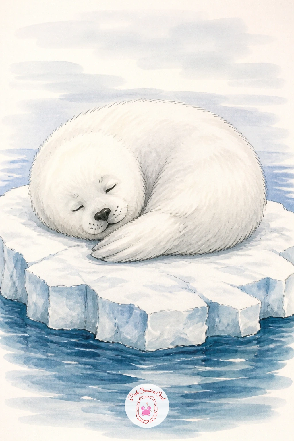 White Seal Pup on Ice Floe — Start with the easiest subject on the list: a single white seal pup curled on a floating chunk of ice. Seal drawing