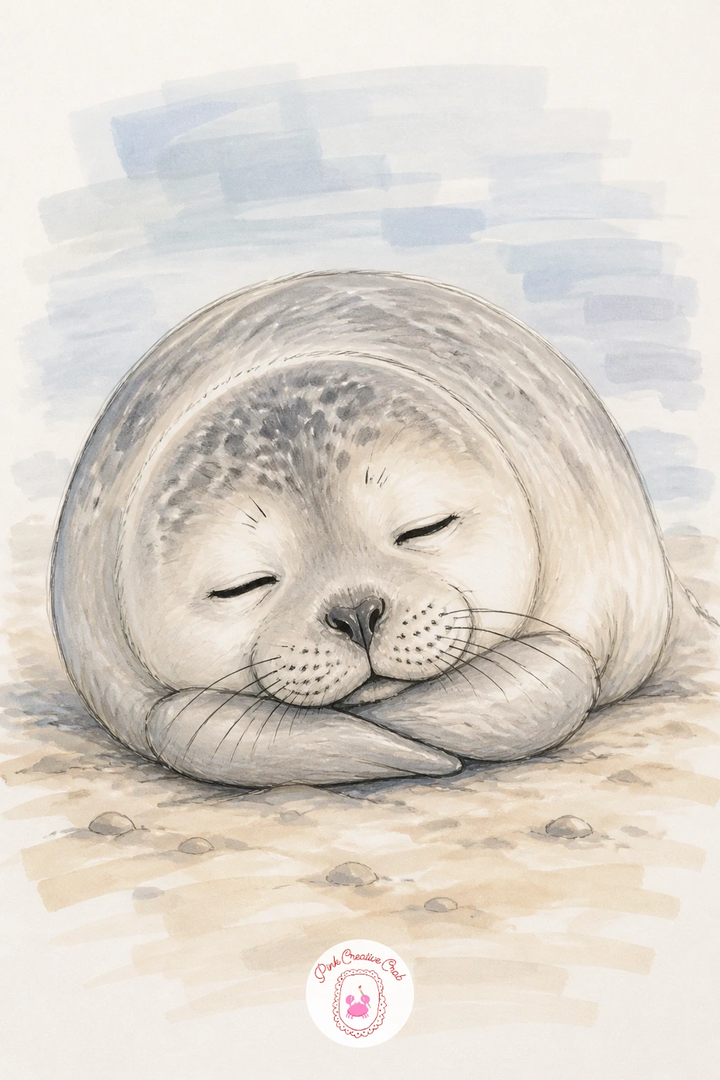 Seal Pup Napping on Sand With Flippers Folded — Bring the pup onto a sandy beach for a quieter, cozy pose: body curled sideways, both front flippers folded