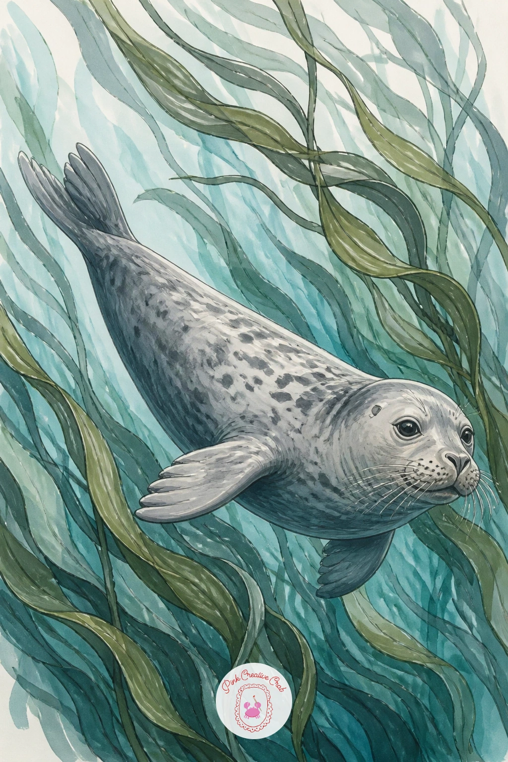 Seal Swimming Through Kelp — Take the seal fully underwater now, gliding sideways through tall ribbons of kelp. Seal drawing