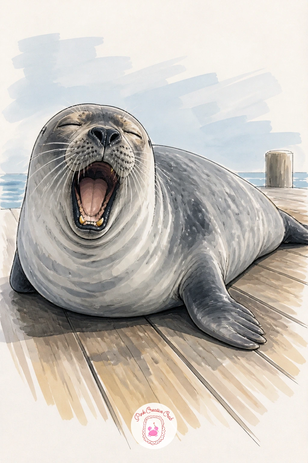 Seal Yawning on a Pier — Bring the seal up onto a wooden pier for a lazy, wide-mouthed yawn. Seal drawing