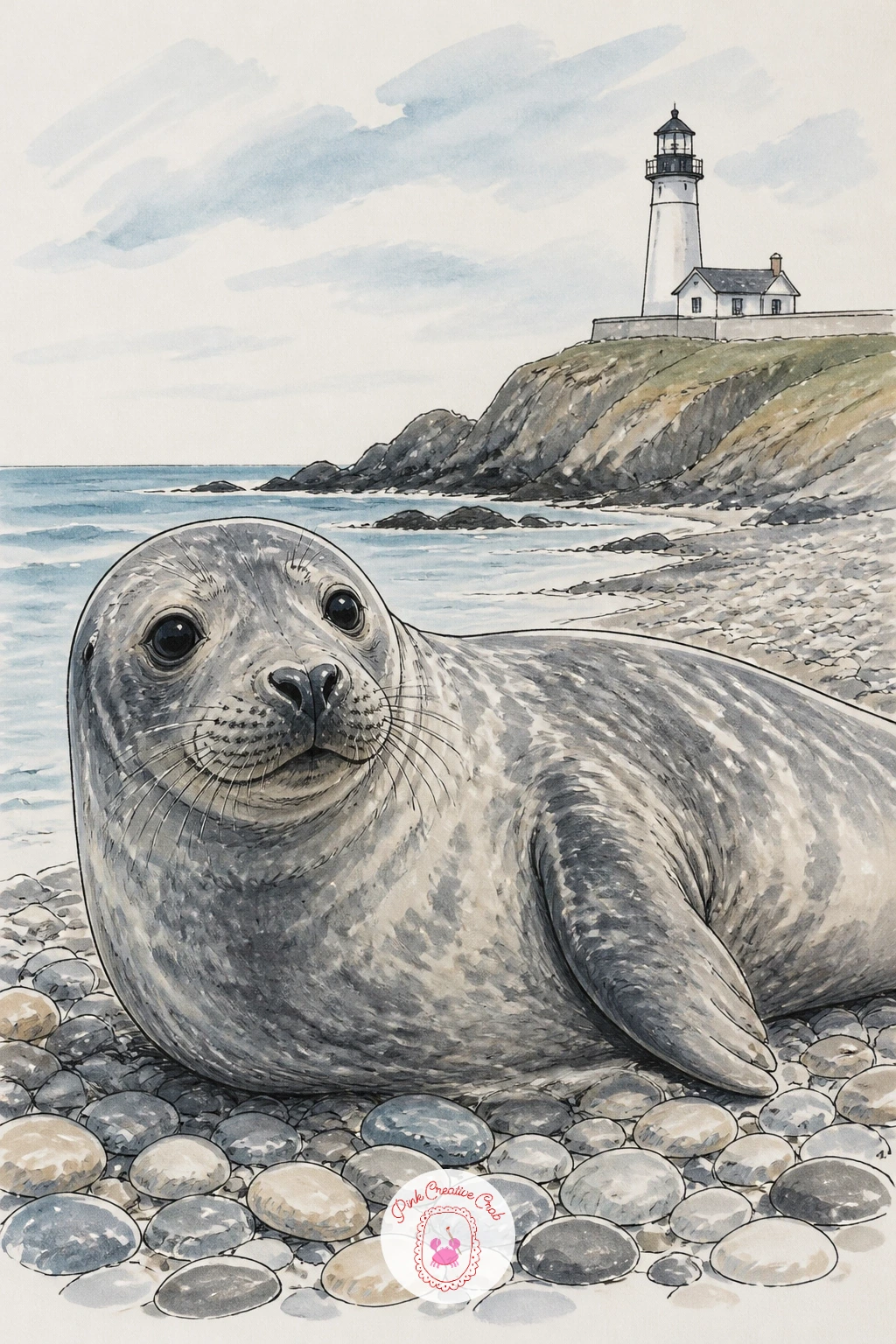Grey Seal on a Pebble Beach Below a Lighthouse — Widen the scene for this one with a grey seal resting on a pebble beach, a small lighthouse standing on a