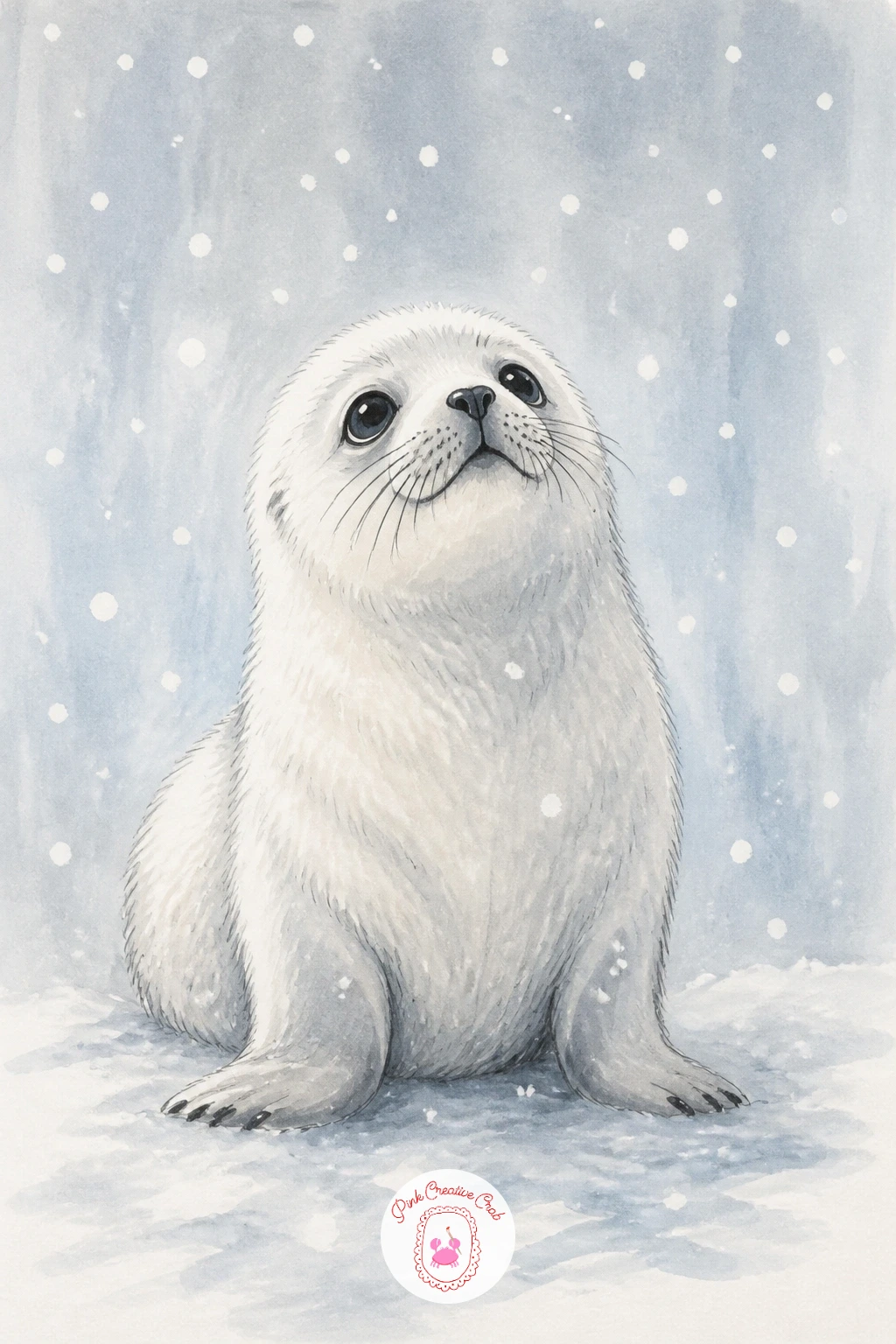 Seal Pup in Falling Snow — Return to a single pup, this time sitting upright with snowflakes drifting around it. Seal drawing