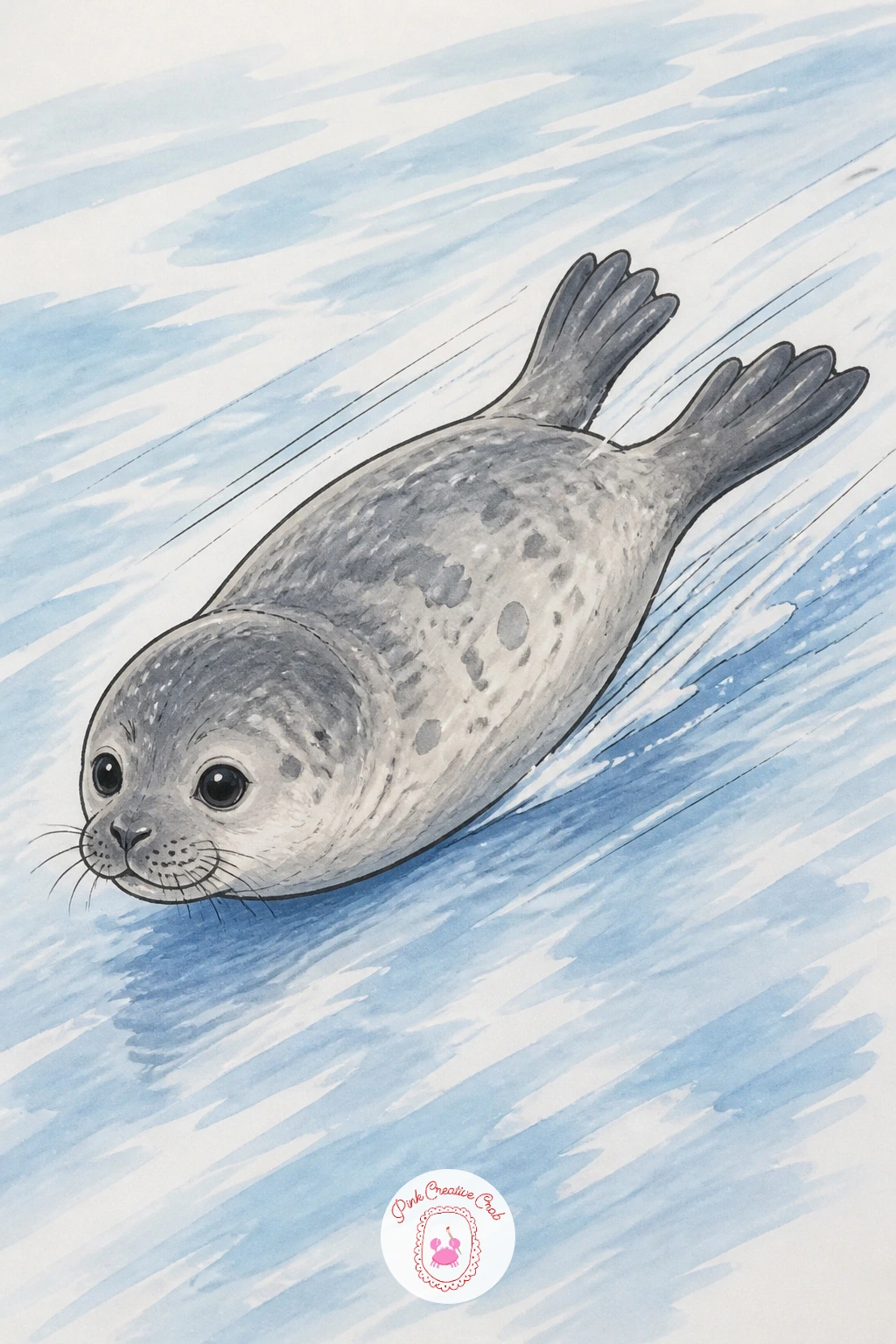 Seal Belly-Sliding Across Ice — Capture a seal mid-slide, belly flat against the ice with flippers flung out behind. Seal drawing