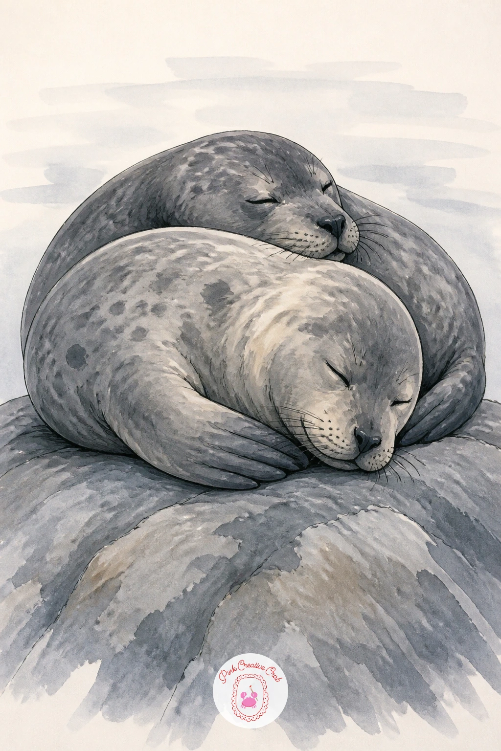 Two Seals Cuddling on a Rock — Overlap two seals this time, curled together on a rock in a shared nap. Seal drawing