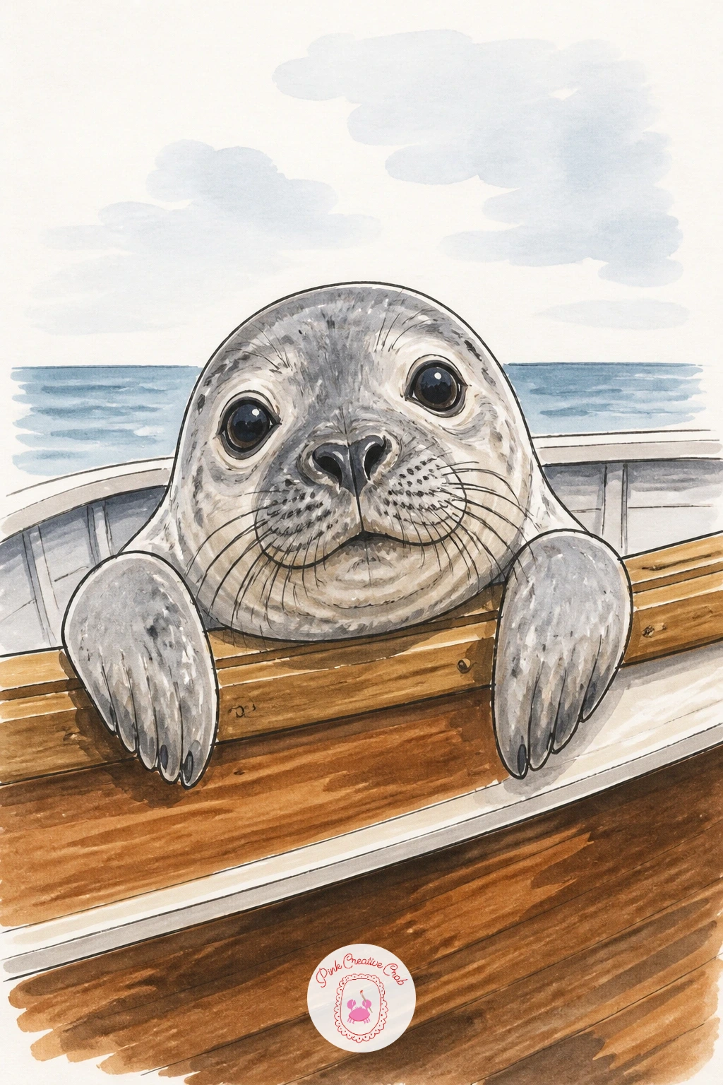Seal Peeking Over the Edge of a Boat — Place a seal's head and front flippers hooked over the side of a small wooden boat, as if it has just hauled itself