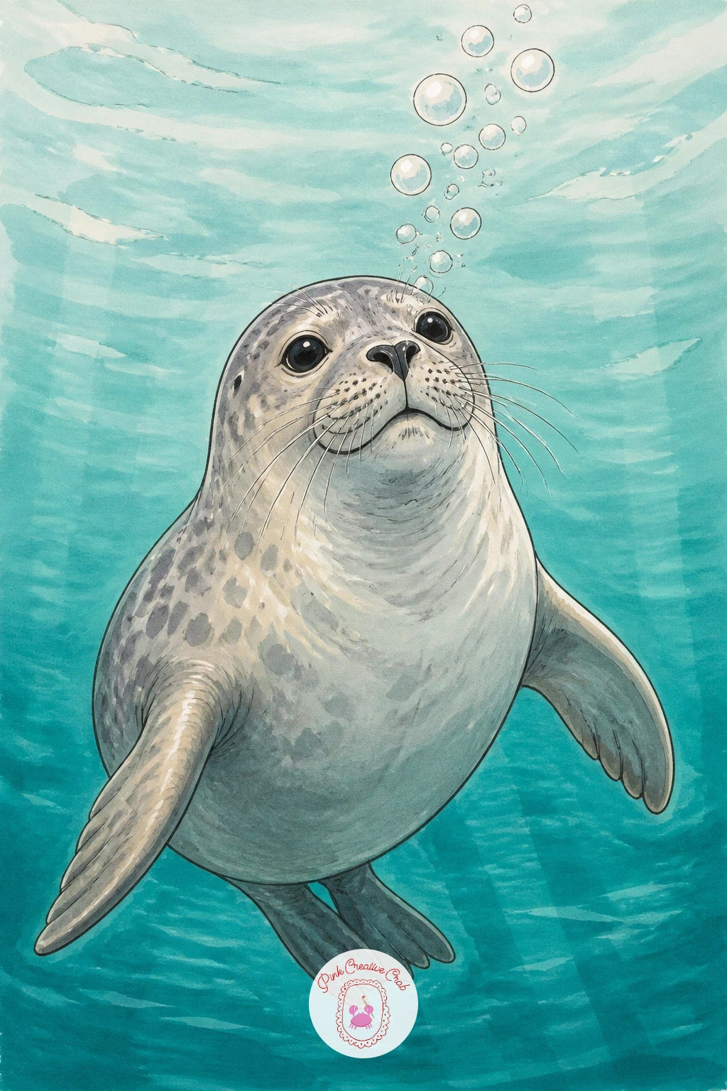 Seal Blowing Bubbles Underwater — Send the seal fully underwater again, this time mid-exhale with a trail of round bubbles rising from its nose. Seal drawing