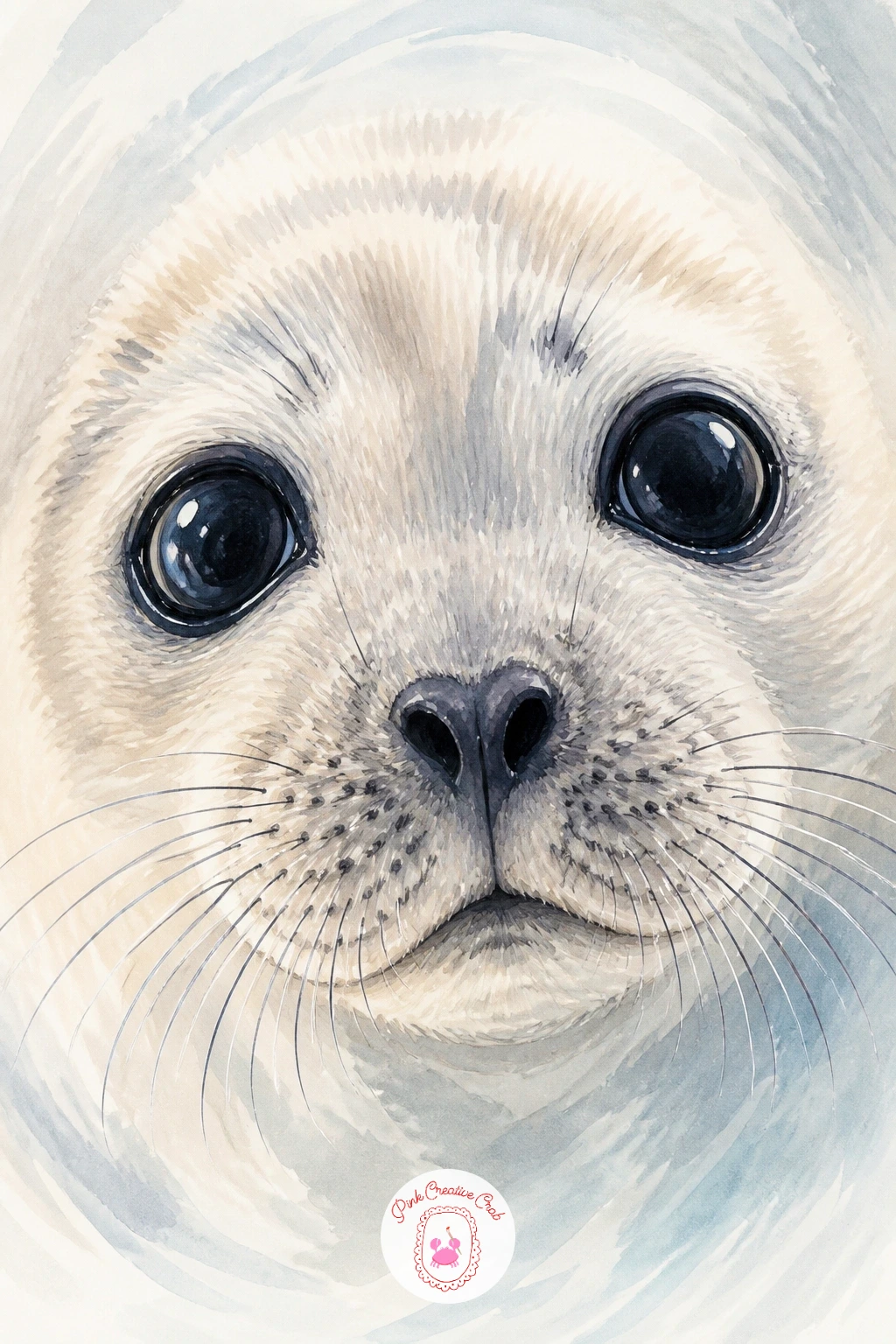 Seal Pup Close-Up With Big Dark Eyes — Zoom in tight for this one: just the pup's face, filling almost the whole page, eyes huge and glossy. Seal drawing