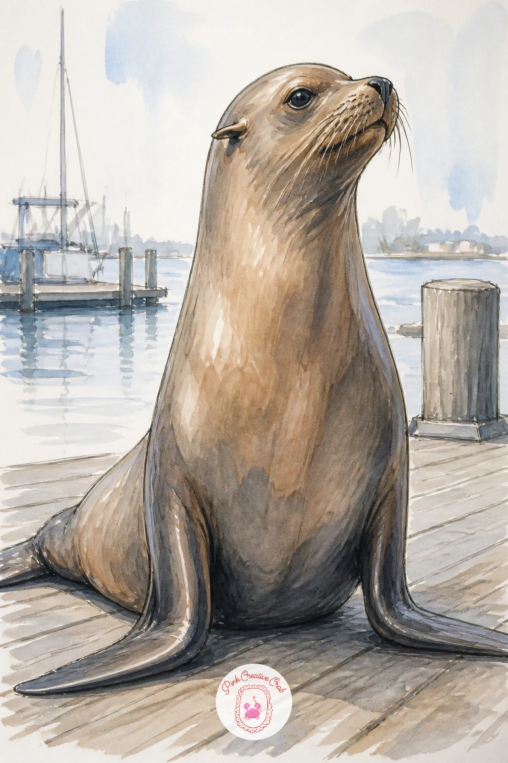 Sea Lion on a Harbor Dock — Bring in a sea lion for a sleeker, more upright cousin of the seal, propped on its front flippers on a harbor dock. Seal drawing