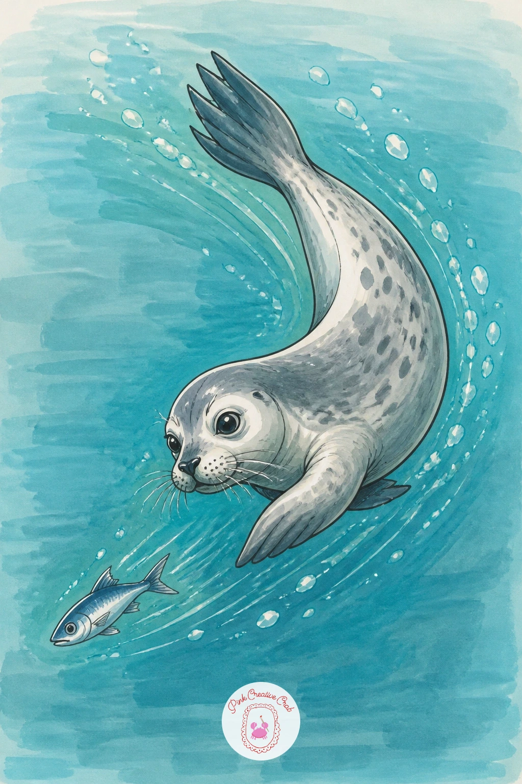 Seal Chasing a Little Fish — Add energy with a seal twisting mid-chase after a small darting fish just ahead of its nose. Seal drawing
