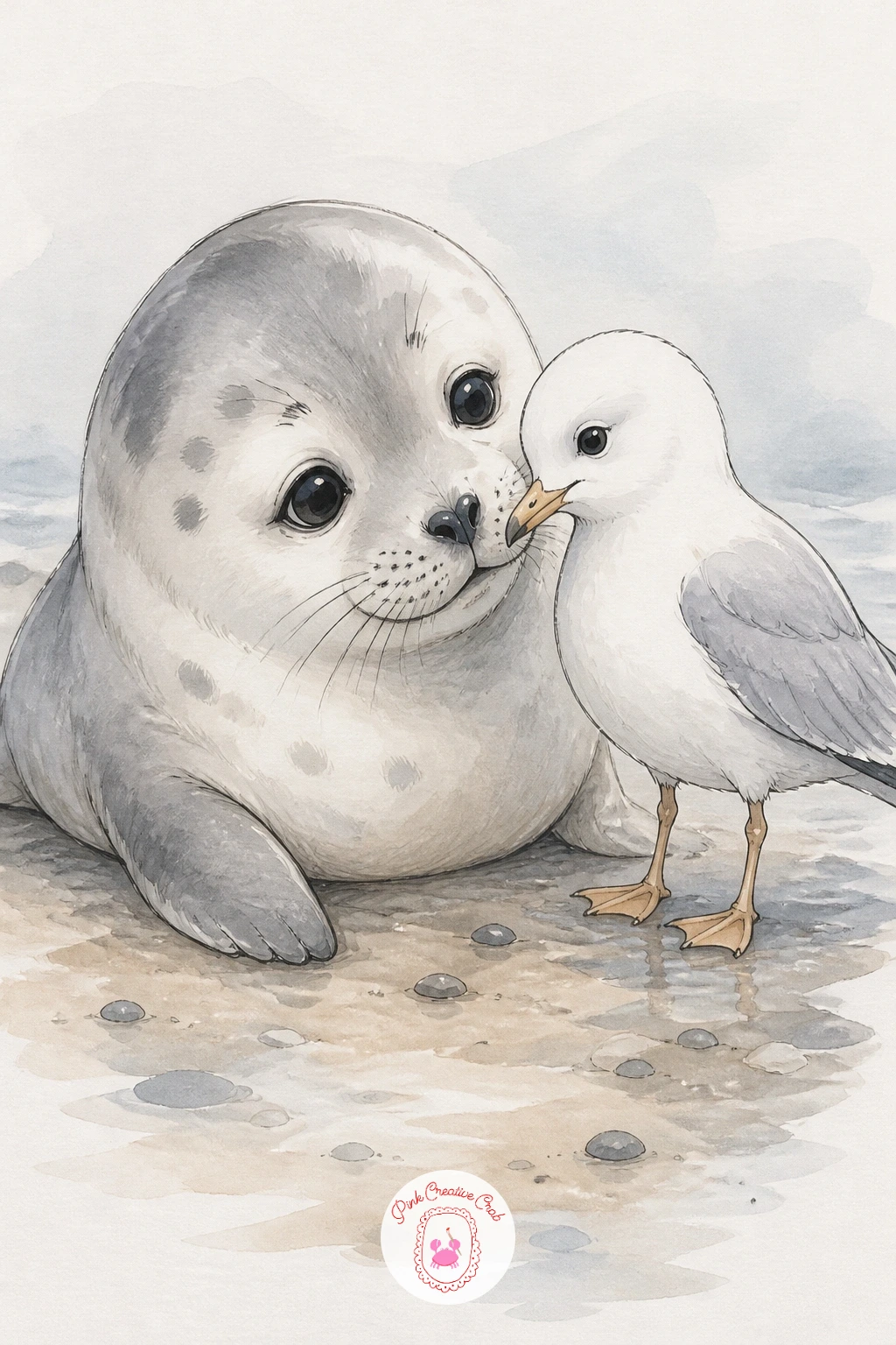 Seal Pup Meeting a Seagull — Give the pup some company with a small seagull standing close by on the sand, heads tilted toward each other as if