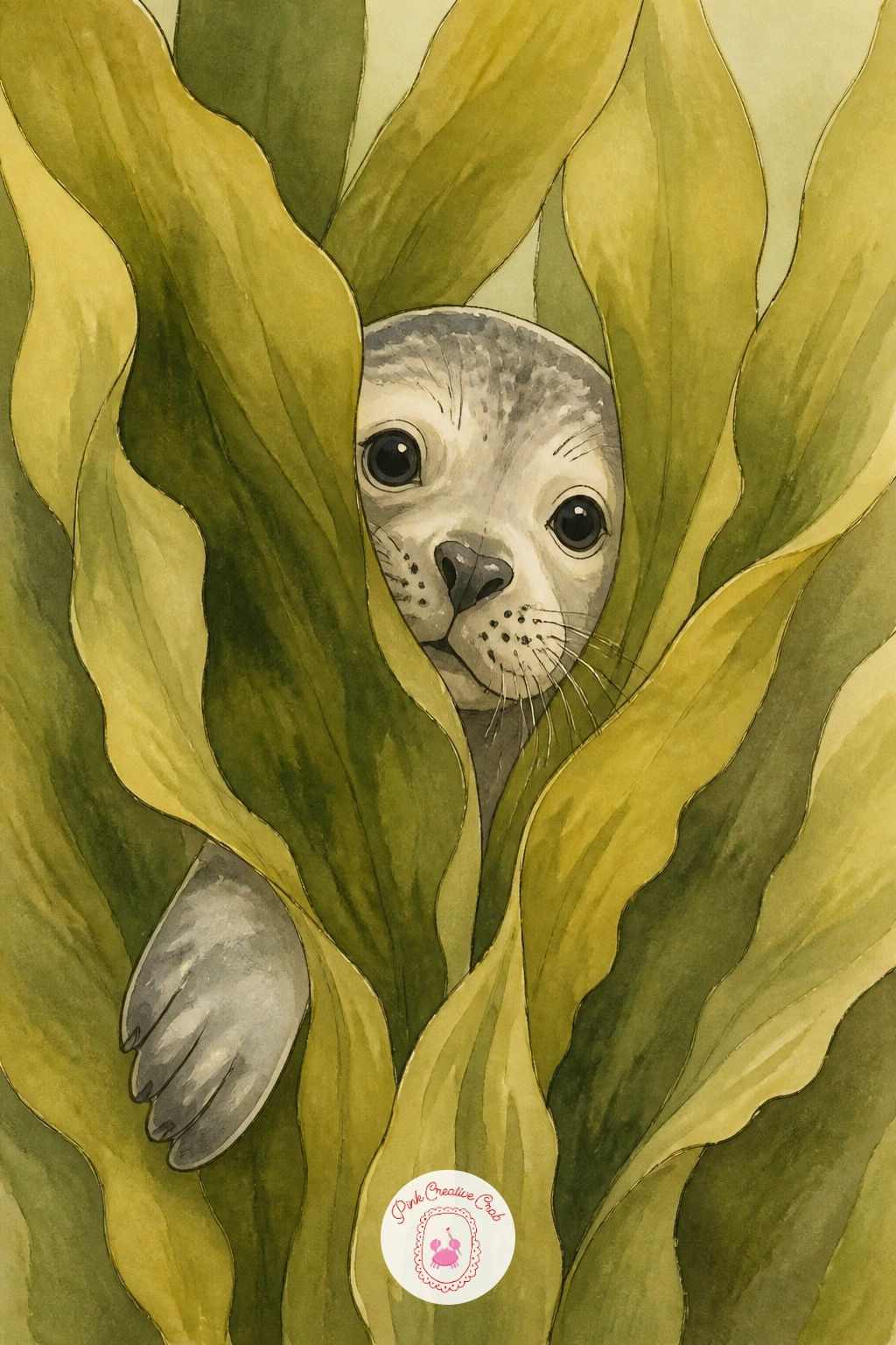 Seal Hiding Behind Seaweed — Tuck a seal partly behind a cluster of tall seaweed, just its face and one flipper visible, for a playful peekaboo moment. Seal