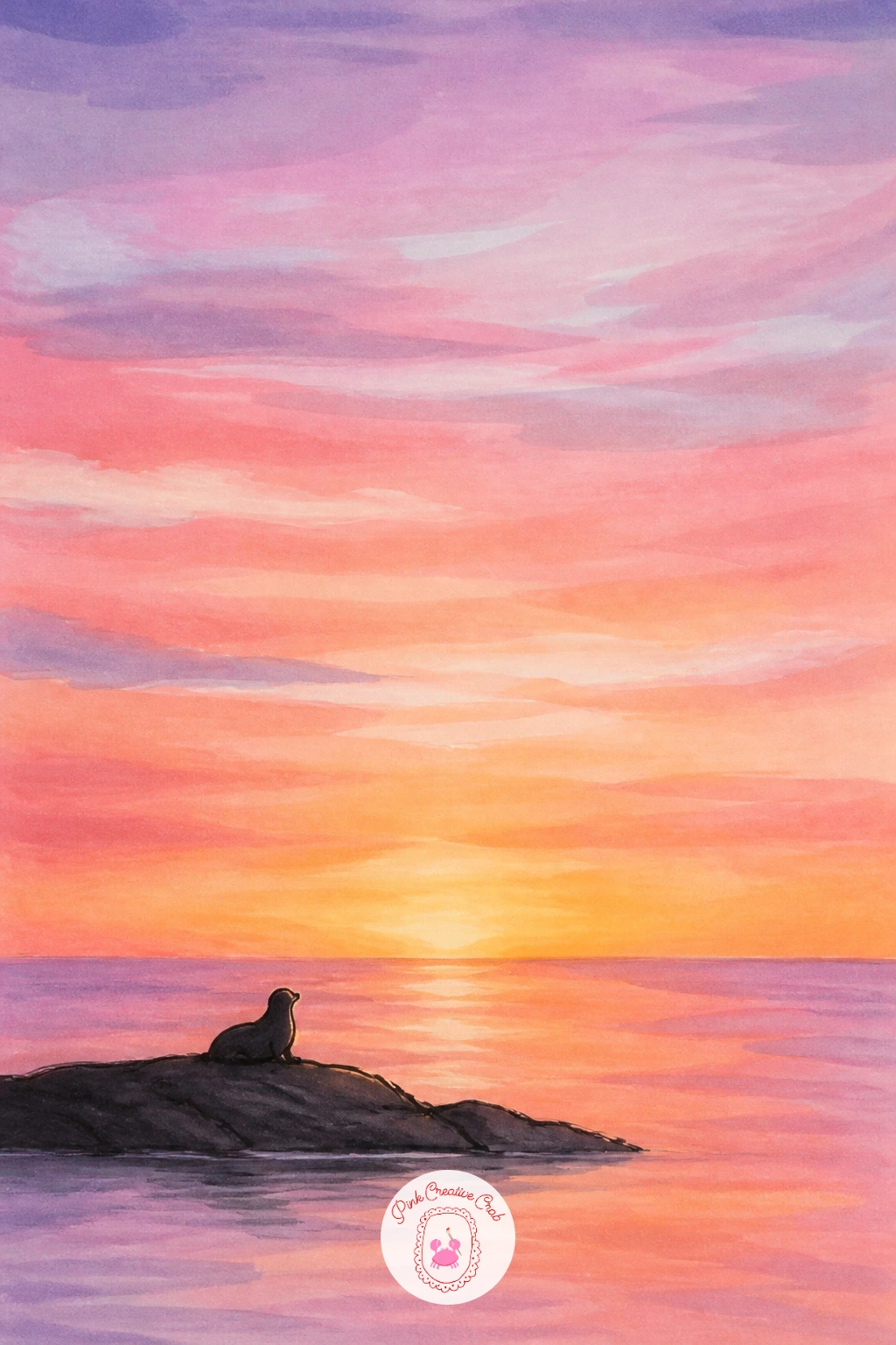 Seal Under a Pastel Sunrise — Set a single seal silhouette against a soft pastel sunrise, where the sky does most of the emotional work. Seal drawing