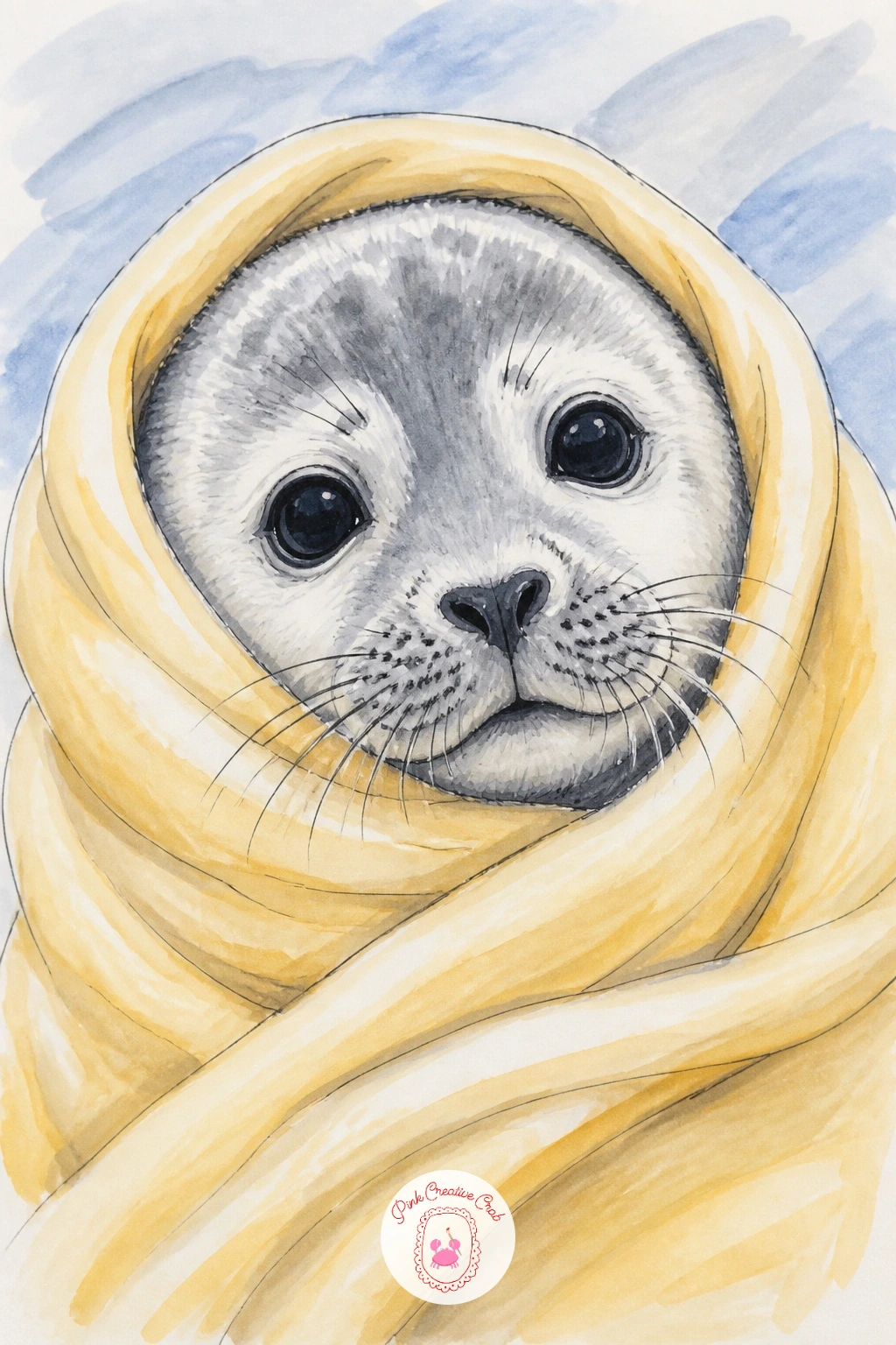 Rescued Seal Pup Wrapped in a Towel — Add a gentle, slightly story-driven scene with a seal pup wrapped snugly in a towel, only its head poking out. Seal