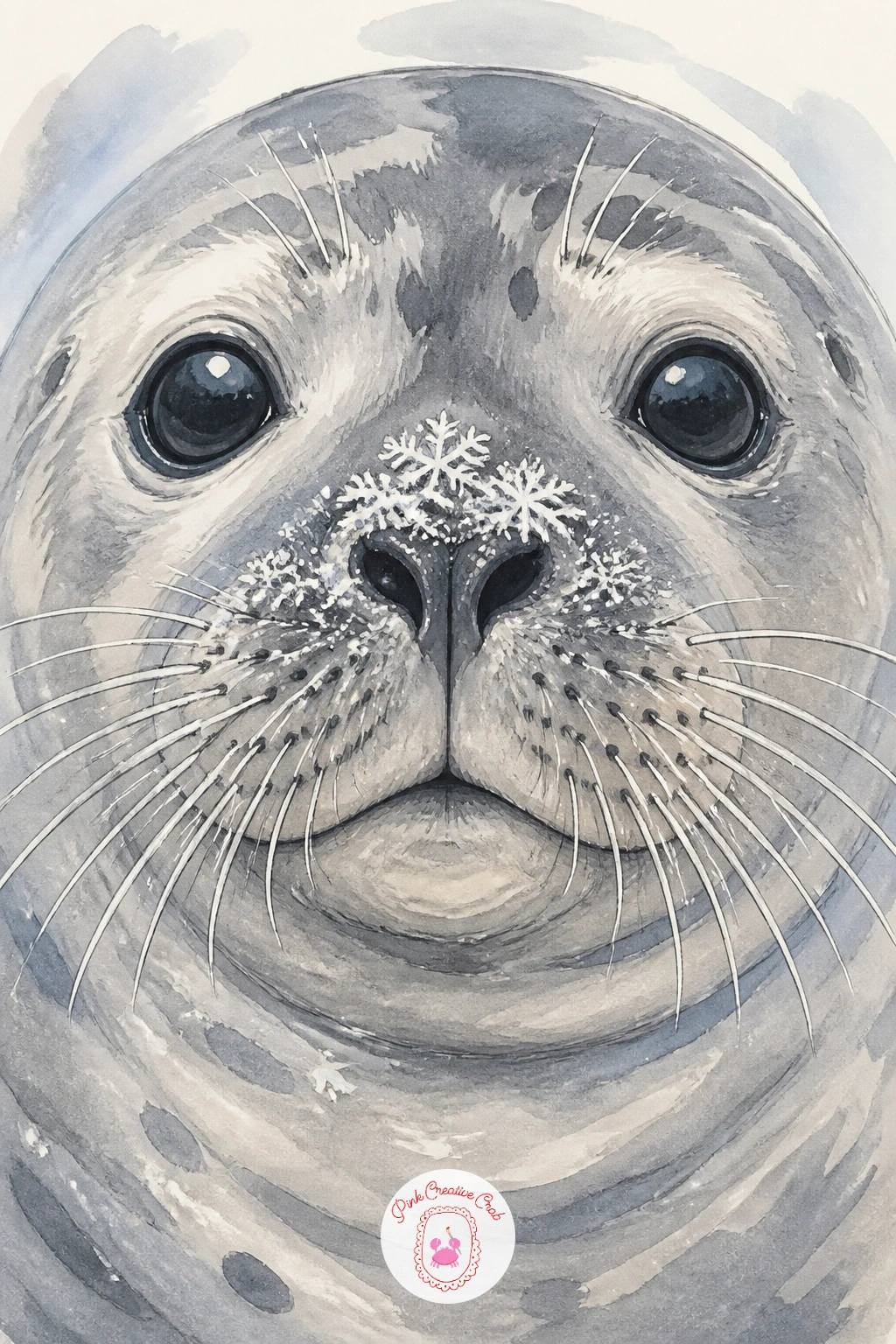 Seal With Snowflakes on Its Nose — Zoom into a close, playful moment: a seal's face with a few snowflakes caught right on its nose and whiskers. Seal drawing