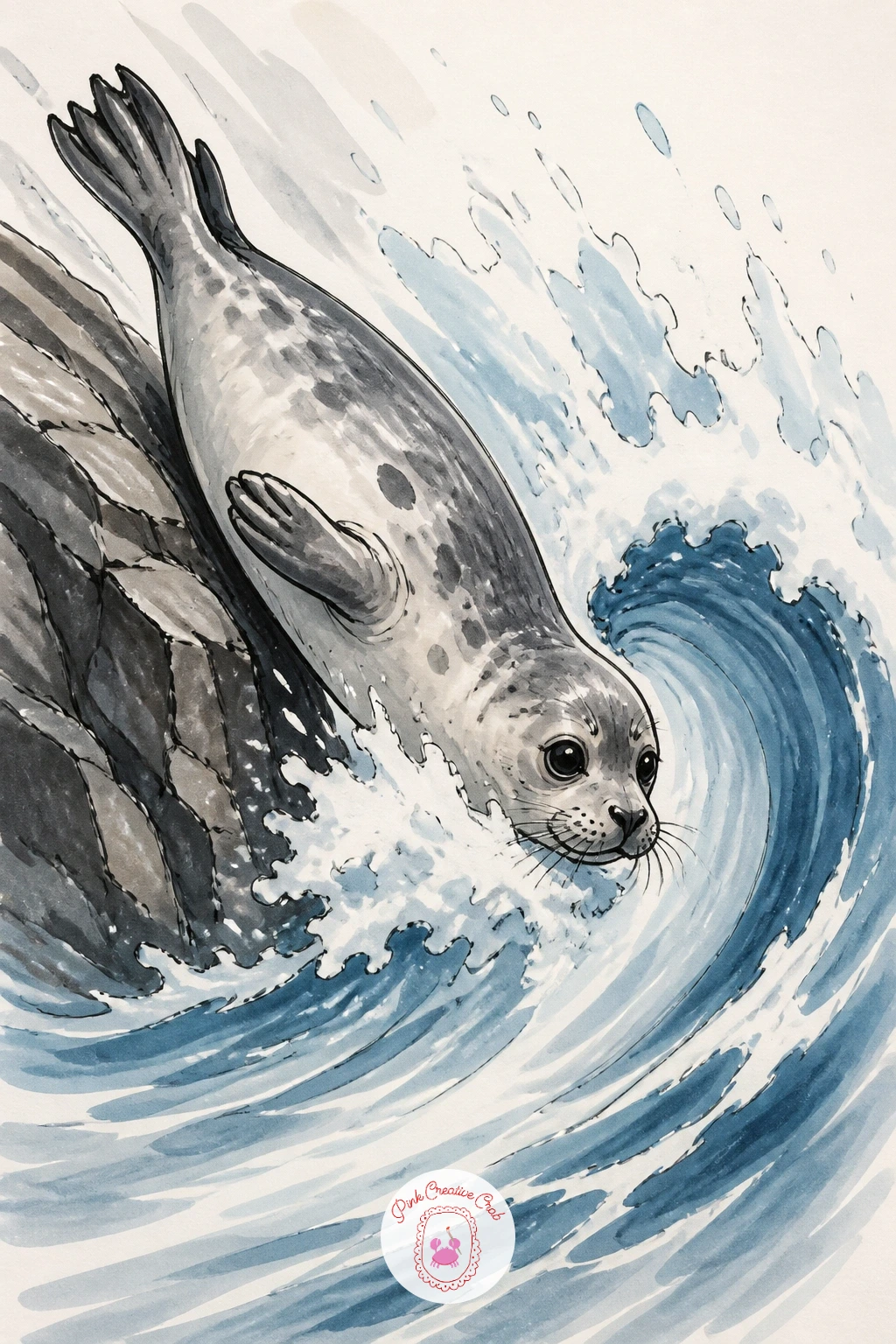Seal Sliding Off Rocks Into a Wave — End the rock-and-shore moments with a seal caught mid-tumble, sliding off a rock edge into an incoming wave. Seal drawing