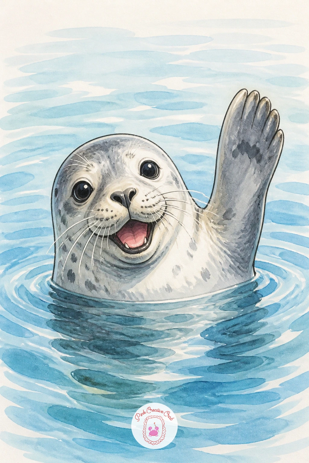 Seal Waving a Flipper From the Water — Close the list on a cheerful note: a seal afloat in calm water, one flipper raised in a friendly wave. Seal drawing