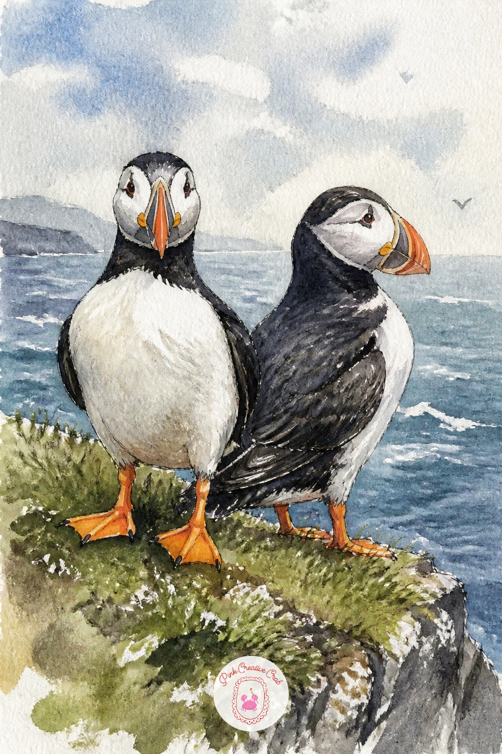 Two Puffins Standing Together on a Cliff Edge — Move from one puffin to two puffins standing together on a cliff edge, a chance to practice grouping birds