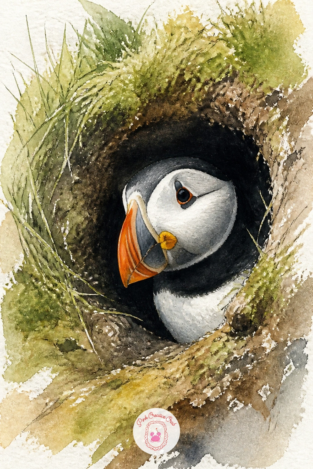 Puffin Peeking Out of Its Burrow — A puffin peeking out of its burrow gives you a lovely excuse to paint mostly dark earth with one bright face emerging from