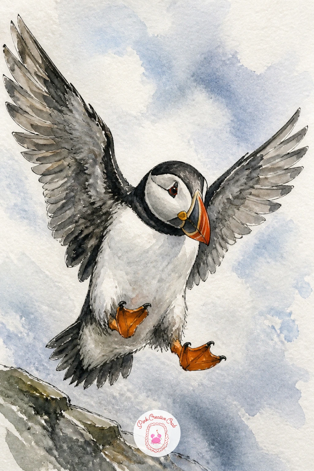 Puffin Landing With Wings Spread — Build on that stillness with a puffin landing, wings spread wide and feet dropped forward, the most dynamic pose in the