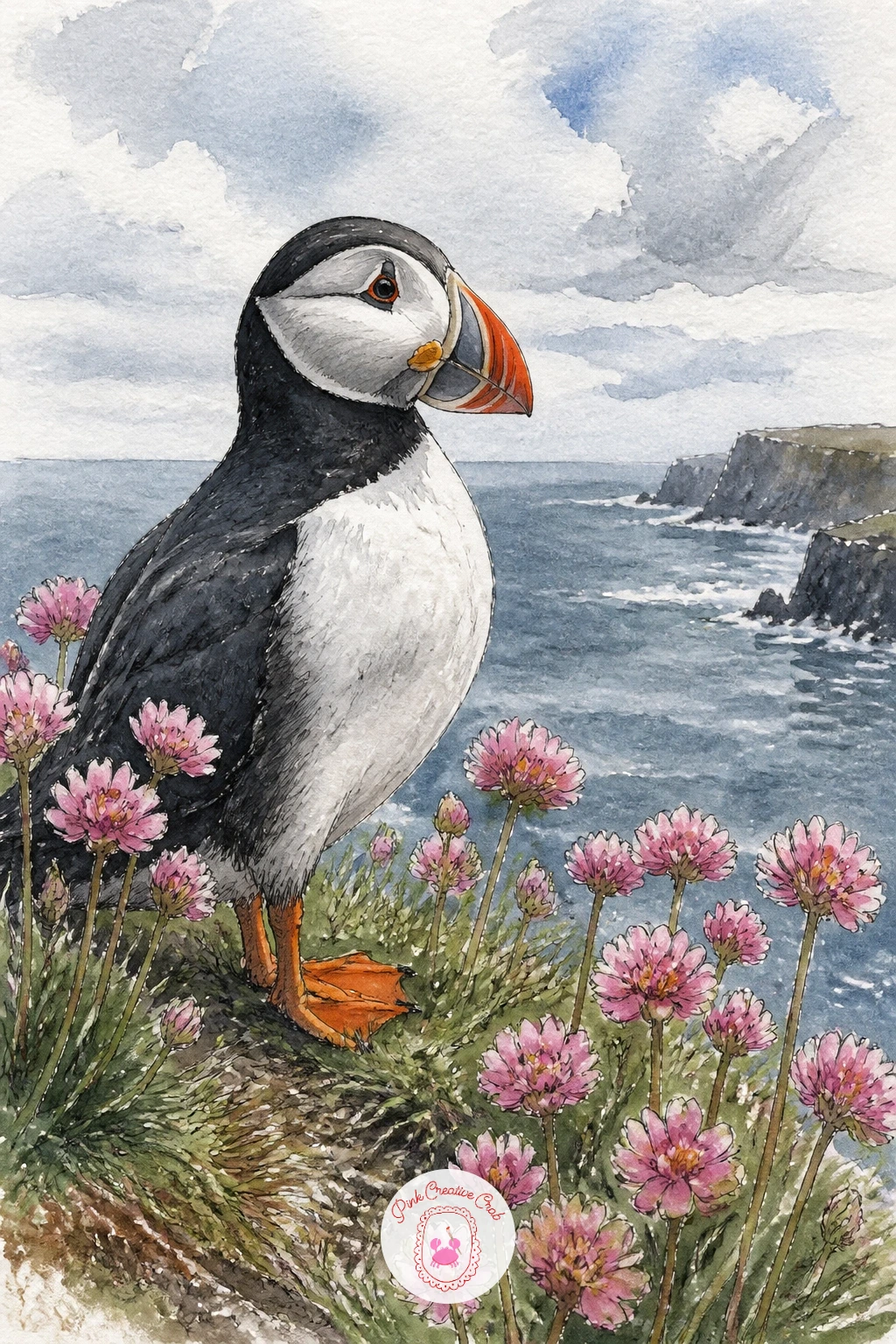 Puffin Among Sea Pinks on a Clifftop — Give the bird some company at ground level with a puffin standing among sea pinks on a clifftop, the small pink flowers