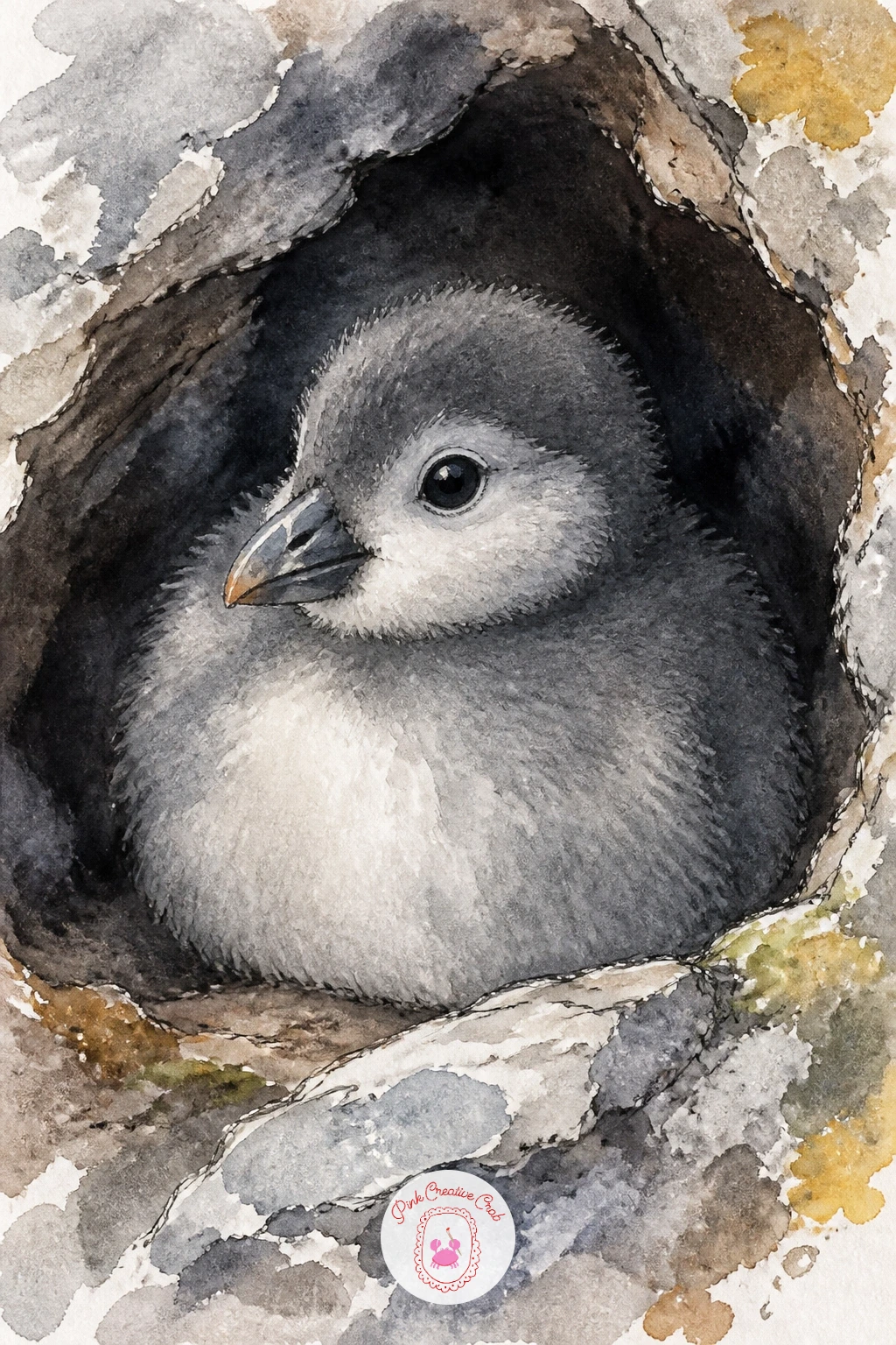 Puffin Chick in a Burrow — Soften the mood with a puffin chick in a burrow, all soft grey down and no adult markings yet, tucked into the dark of the nest.