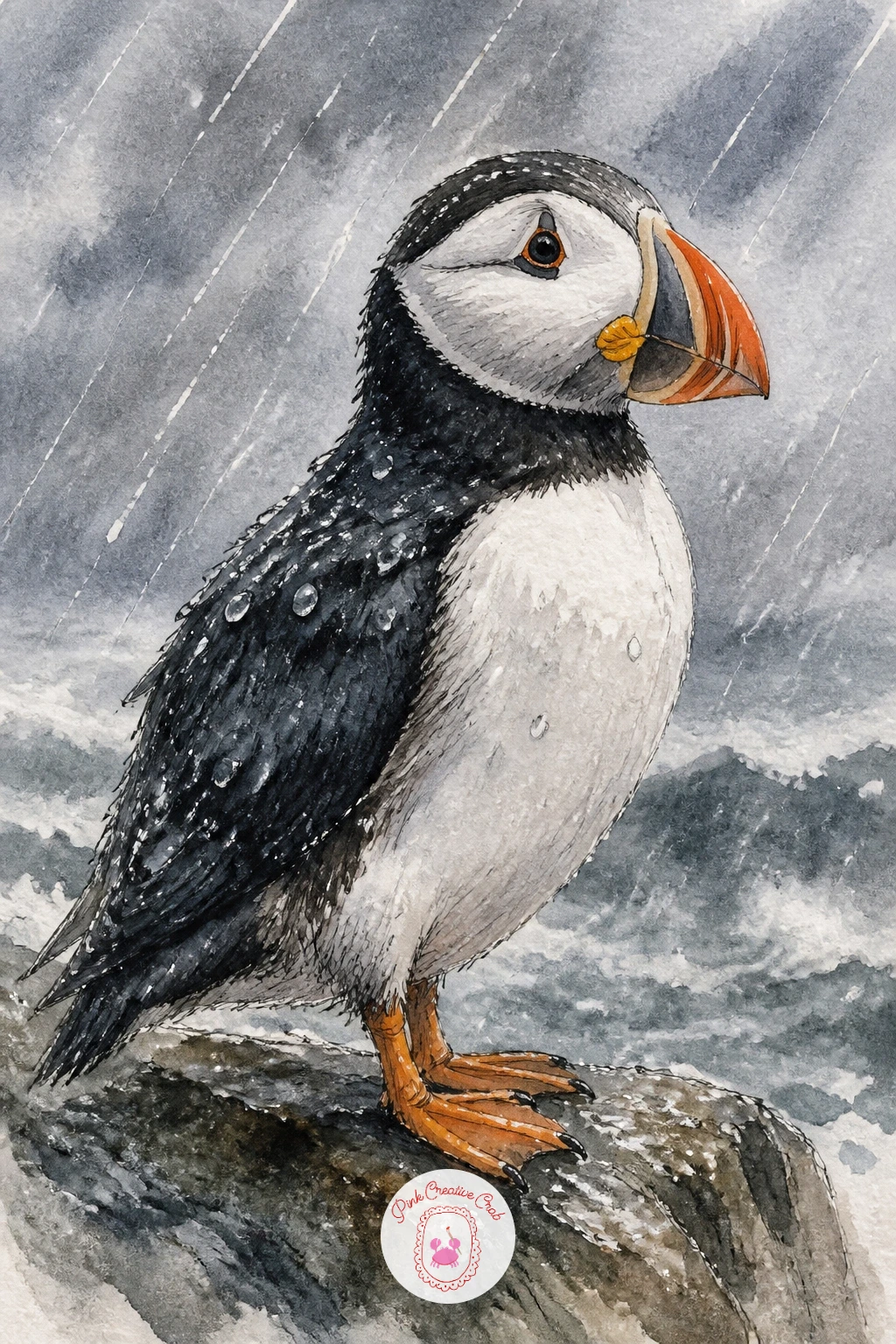 Puffin in the Rain With Water Drops on Its Feathers — Give the weather a starring role with a puffin in the rain, feathers beaded with water drops and