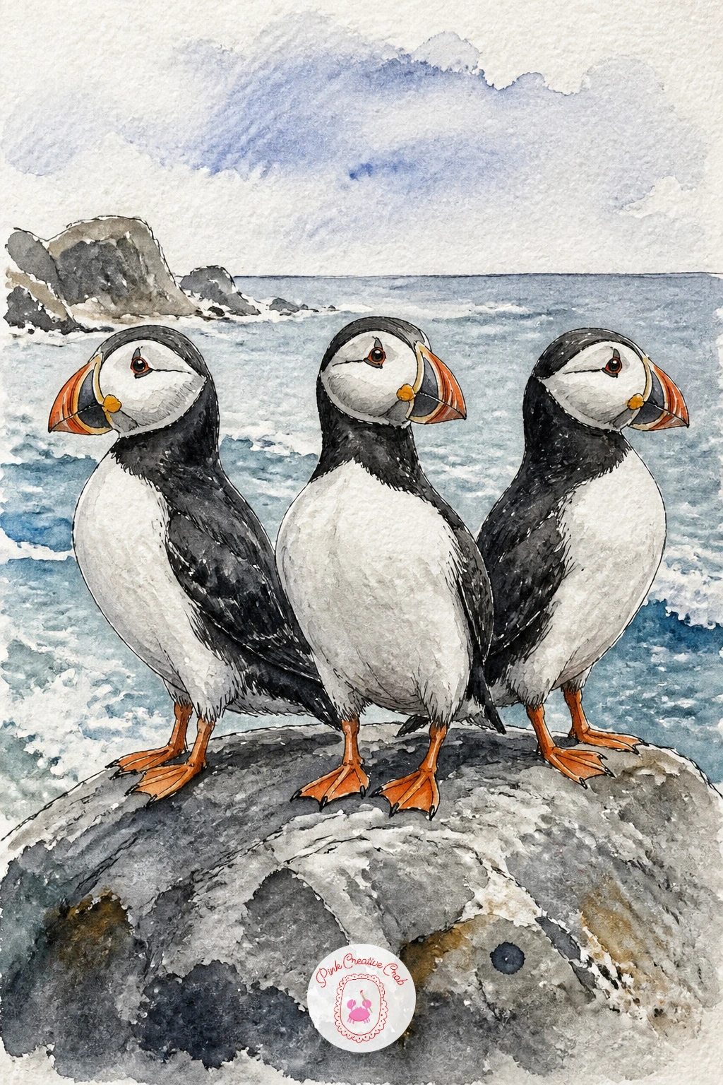 Row of Three Puffins on a Rock — Line up a row of three puffins on a rock to practice repeating a shape without making it look copied and pasted. Puffin drawing