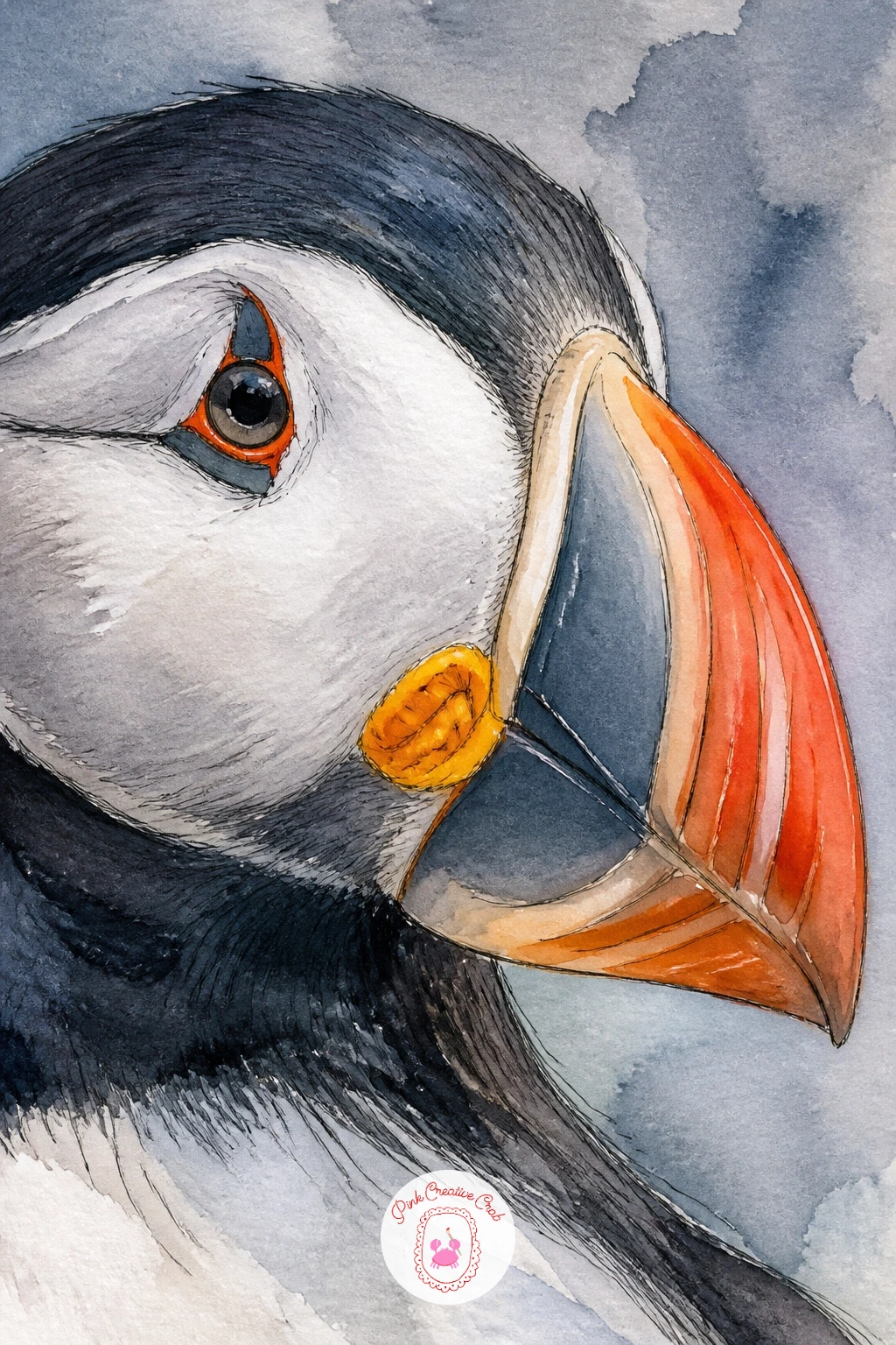 Puffin Close-Up With Its Striped Beak — Zoom right in for a puffin close-up, just the head and that famous striped beak filling almost the whole page, the kind