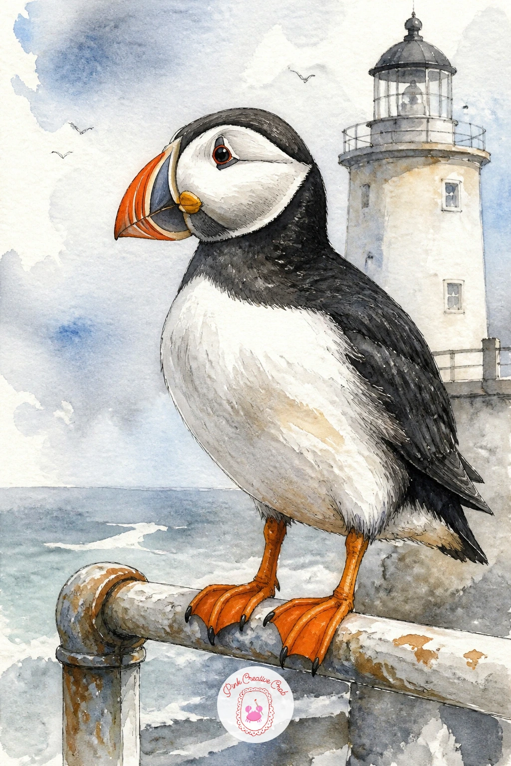 Puffin Standing on a Lighthouse Rail — Swap the cliff for a built structure with a puffin standing on a lighthouse rail, a nice change of setting that still