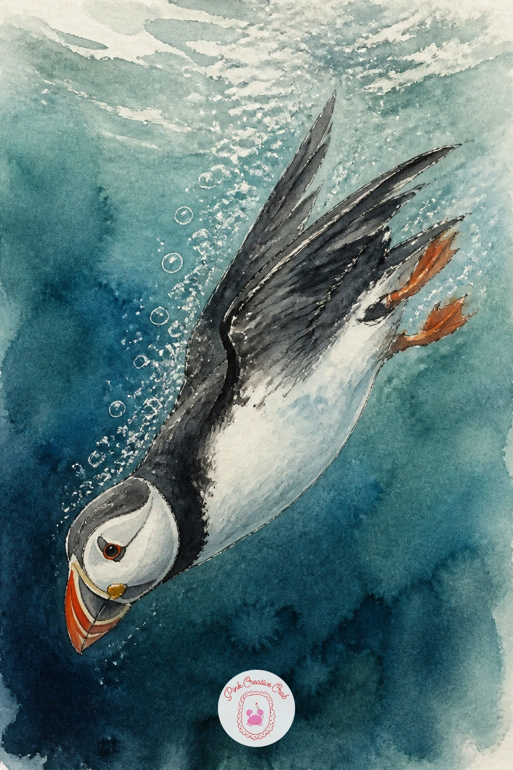 Puffin Diving Underwater — Follow the puffin below the surface for a puffin diving underwater, wings half spread as it swims rather than flies, a pose that