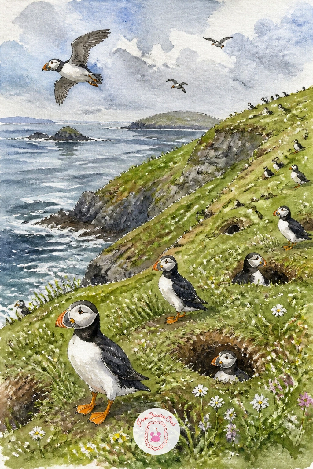 Puffin Colony on a Green Island Slope — Pull the camera right back for a puffin colony on a green island slope, dozens of small birds scattered across grass