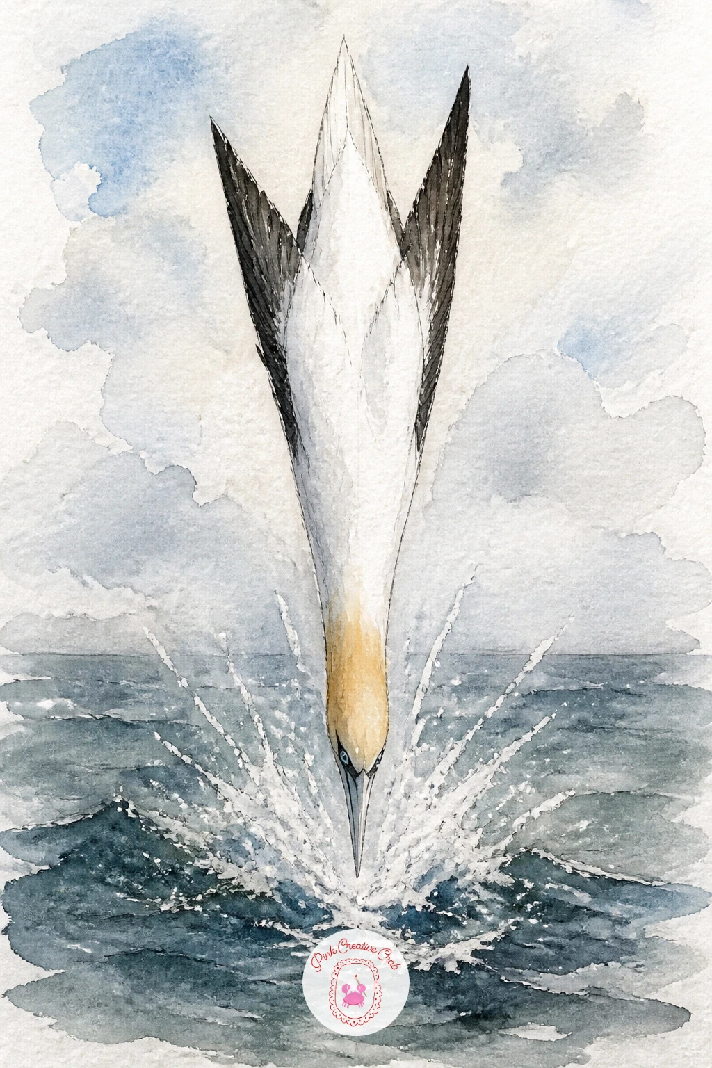 Gannet Diving Into the Sea — Leave puffins behind for a gannet diving into the sea, one of the most dramatic seabird poses you can paint, the whole bird folded