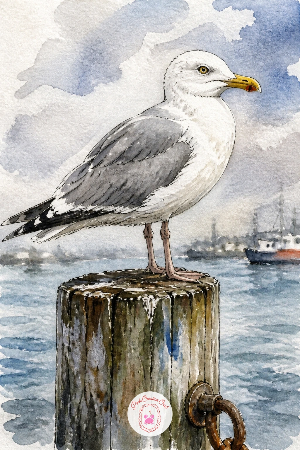 Seagull on a Harbor Post — Bring the setting into a working harbor with a seagull on a harbor post, a familiar bird painted somewhere with a bit more character