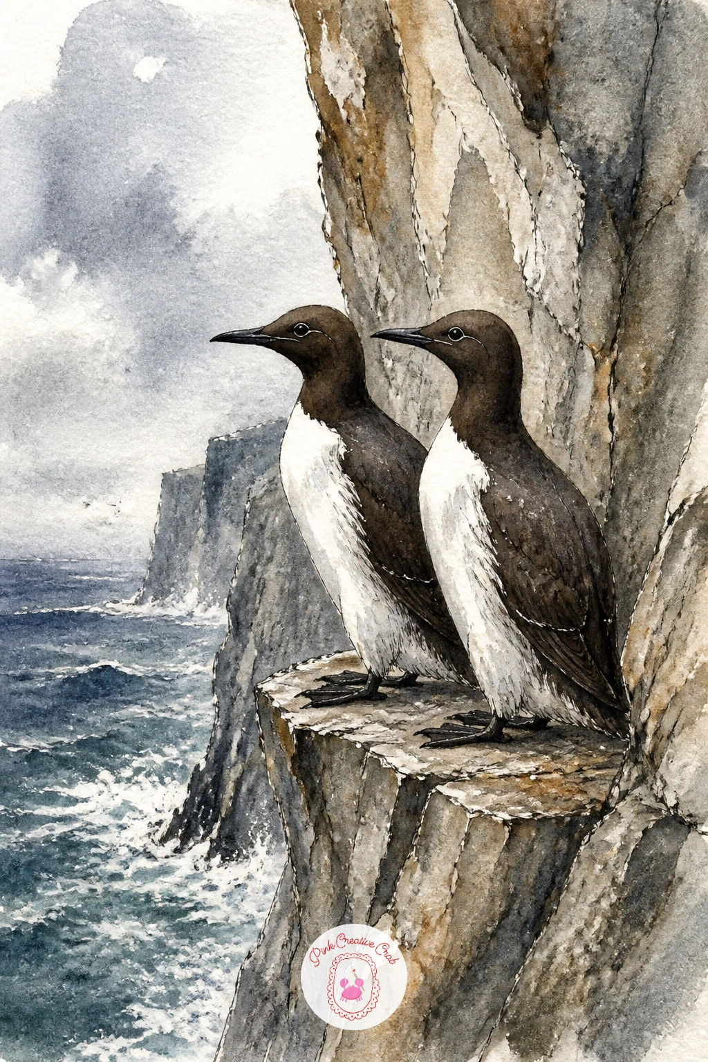 Pair of Guillemots on a Narrow Ledge — Head back to the cliff face for a pair of guillemots on a narrow ledge, slim upright birds standing shoulder to shoulder