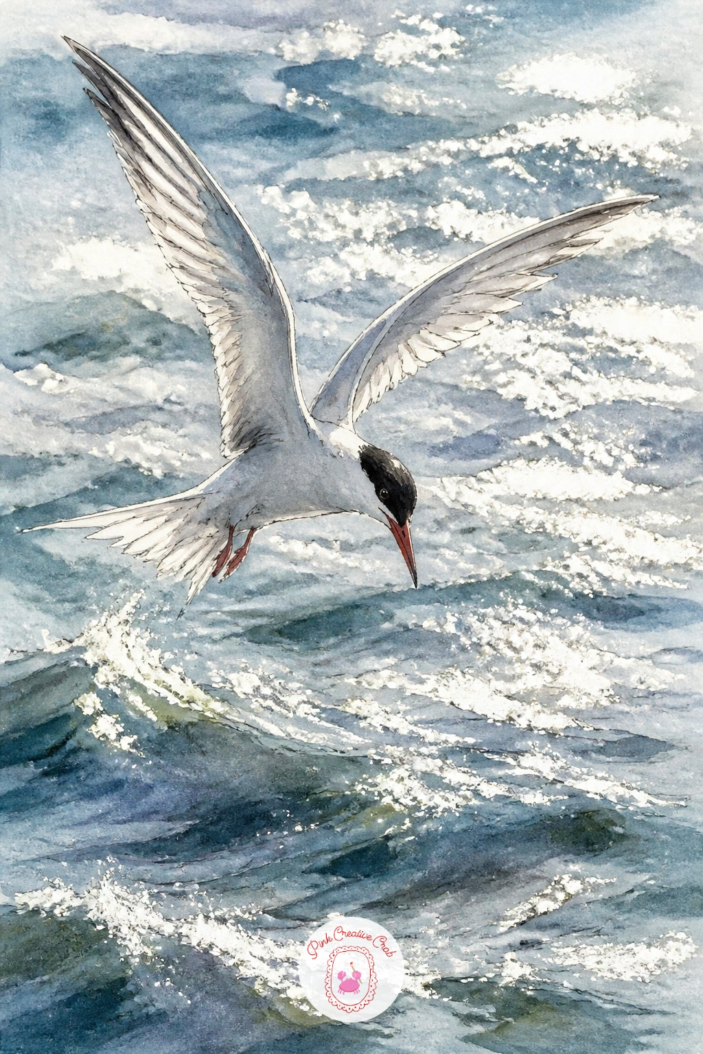 Tern Hovering Over the Waves — Lift back into the air for a tern hovering over the waves, a small sharp winged bird held almost still in place just before a