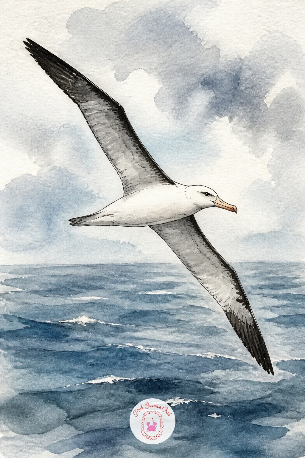 Albatross Gliding Over Open Water — Go bigger and calmer with an albatross gliding over open water, wings held flat and rigid rather than beating, a bird built