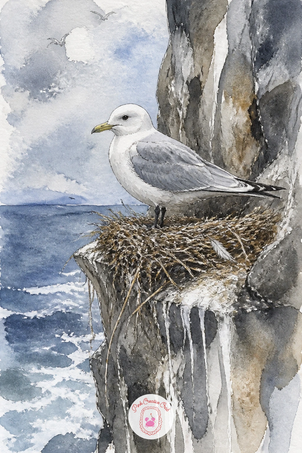 Kittiwake Nest on a Cliff — Settle back onto the rock for a kittiwake nest on a cliff, a tight cup of a nest built right onto a tiny ledge with one adult bird