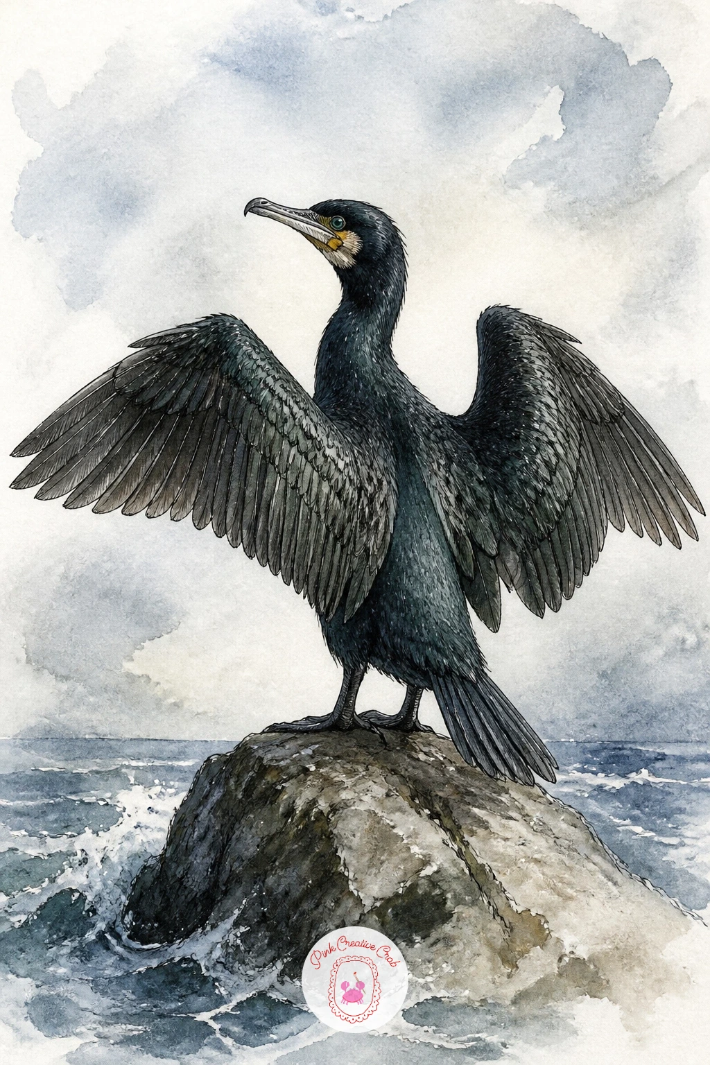 Cormorant Drying Its Wings — Paint a cormorant drying its wings next, that unmistakable pose with both wings held fully open and still, standing upright on a