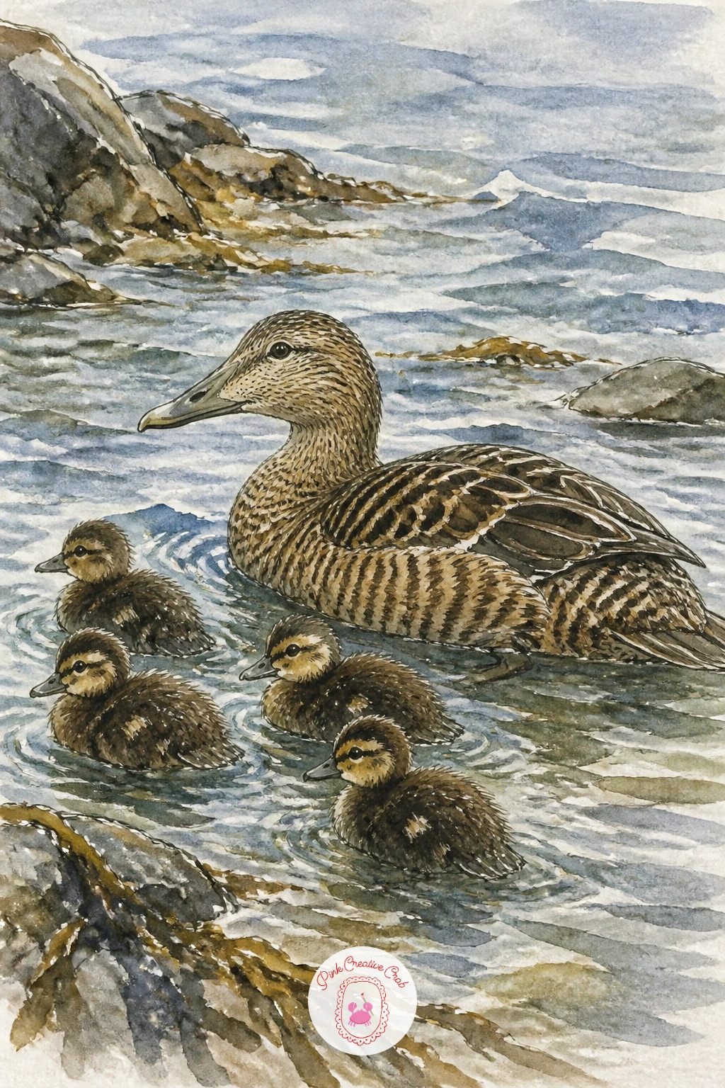 Eider Duck Family at the Shore — Soften the mood again with an eider duck family at the shore, a mother and a loose cluster of ducklings paddling together near