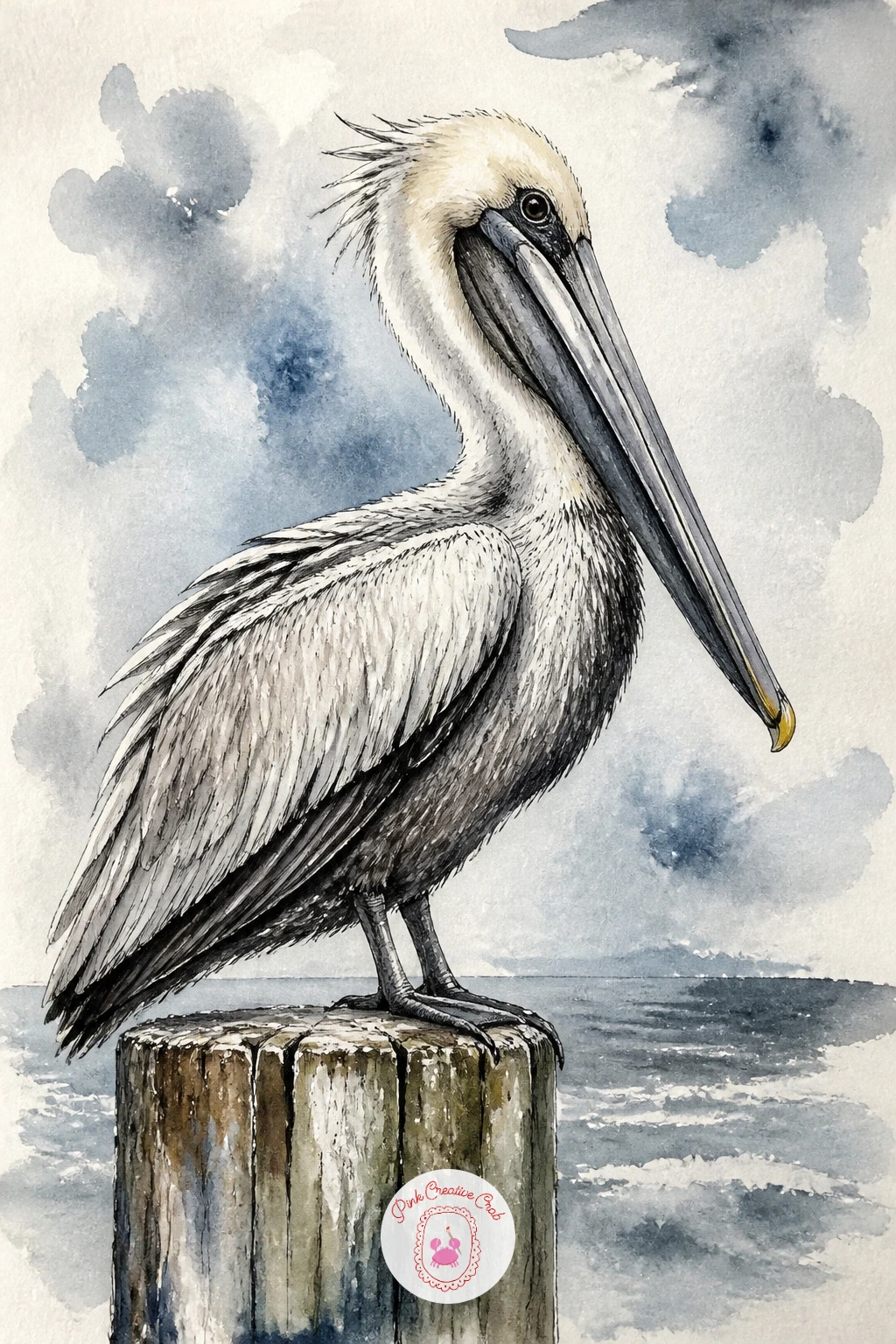 Pelican on a Pier Post — Bring in a much bigger silhouette with a pelican on a pier post, all heavy beak and loose folded pouch, a bird whose proportions