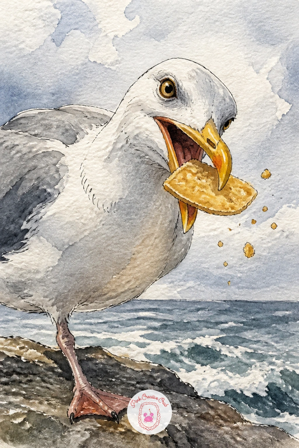 Seagull Stealing a Chip — Lighten things with a seagull stealing a chip, the bird caught mid snatch with its head tilted and beak wide open around one bright