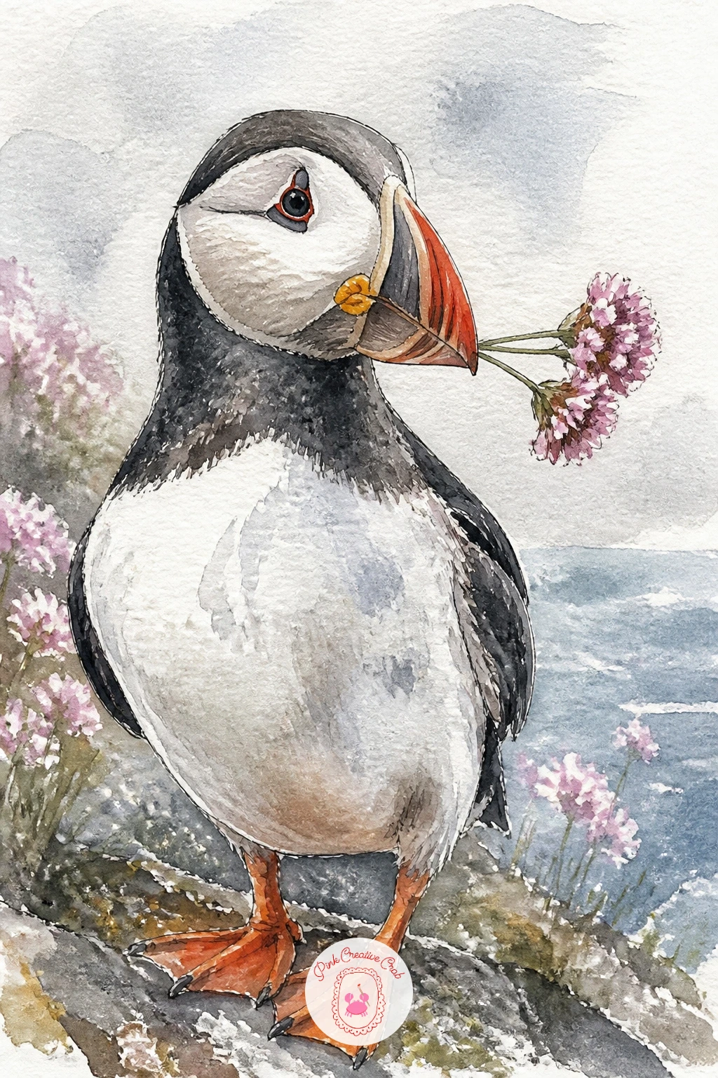 Puffin Holding a Sprig of Sea Pink — Close the whole set with a quieter, more decorative image: a puffin holding a sprig of sea pink in its beak, a small