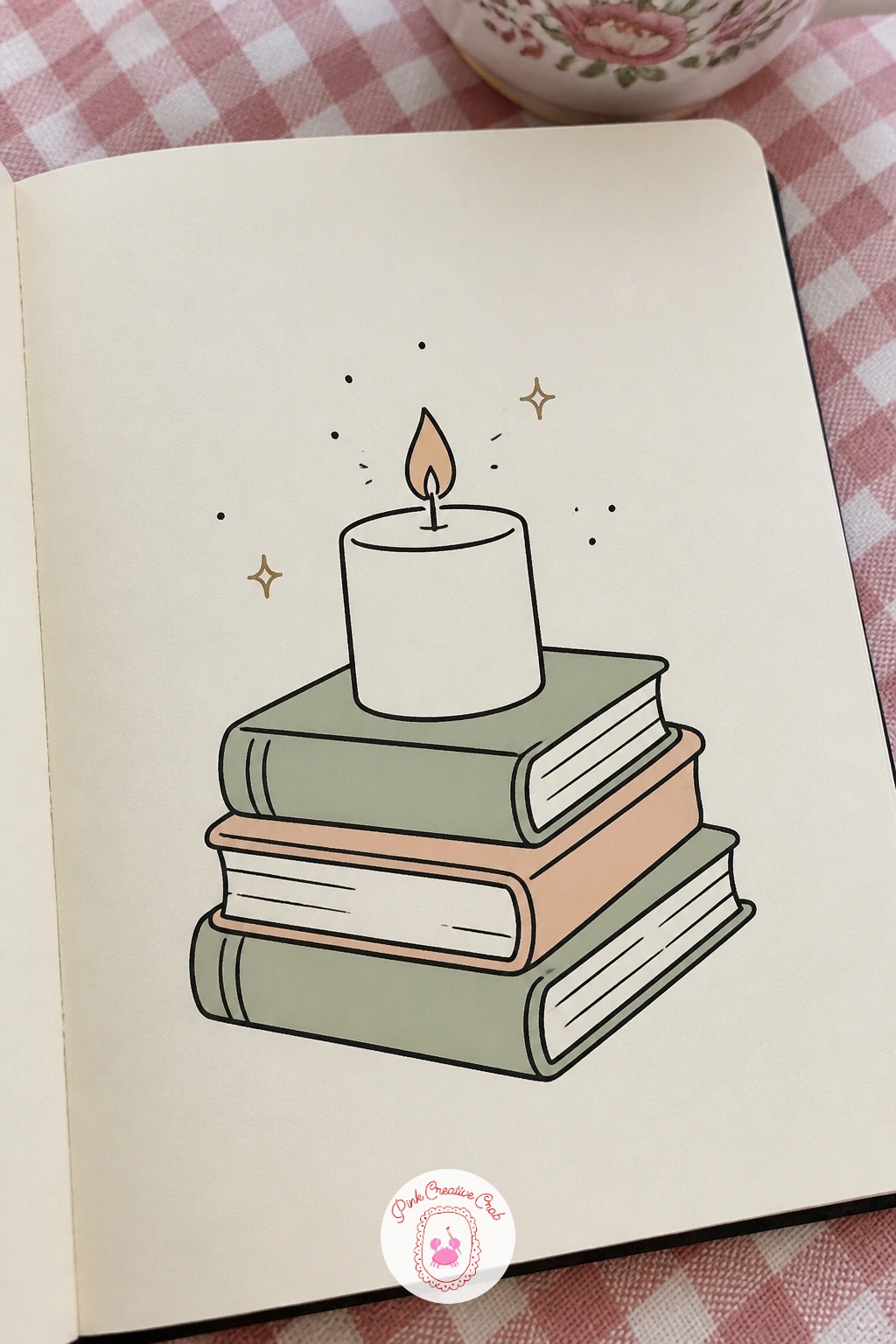 Candle On A Stack Of Books — Build this one from the bottom up, the way the books actually sit. Candle doodle