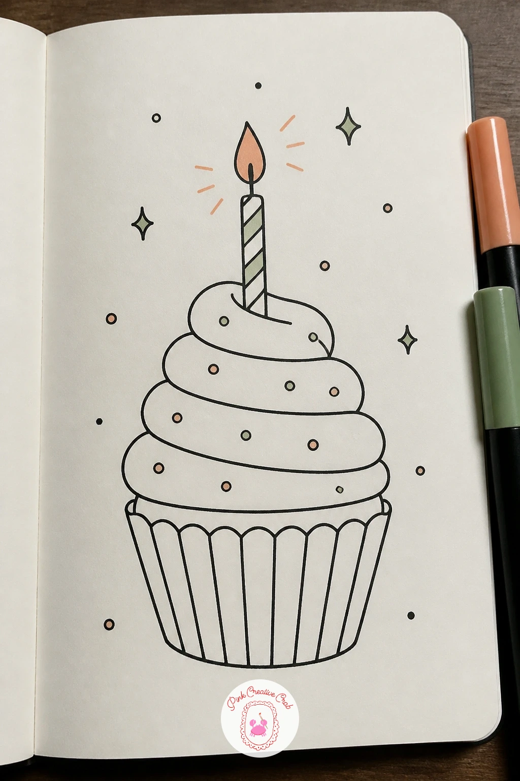 Birthday Candle On A Cupcake — Start with the cupcake wrapper, drawn as a short trapezoid with a few vertical pleats, then pile a swirl of frosting on top
