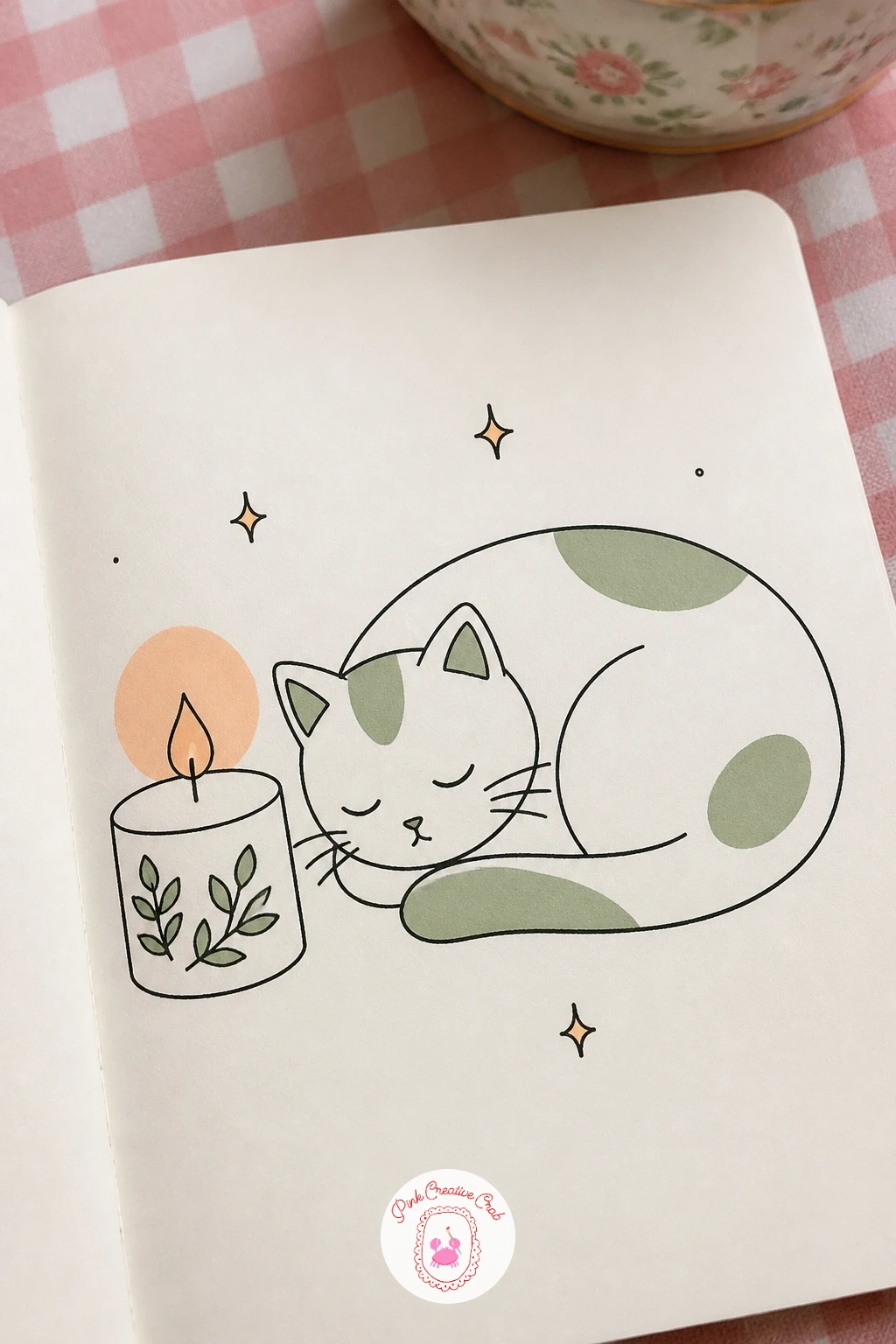 Candle Beside A Sleeping Cat — Draw the cat first, since its curled shape sets the scale for everything else on the page. Candle doodle