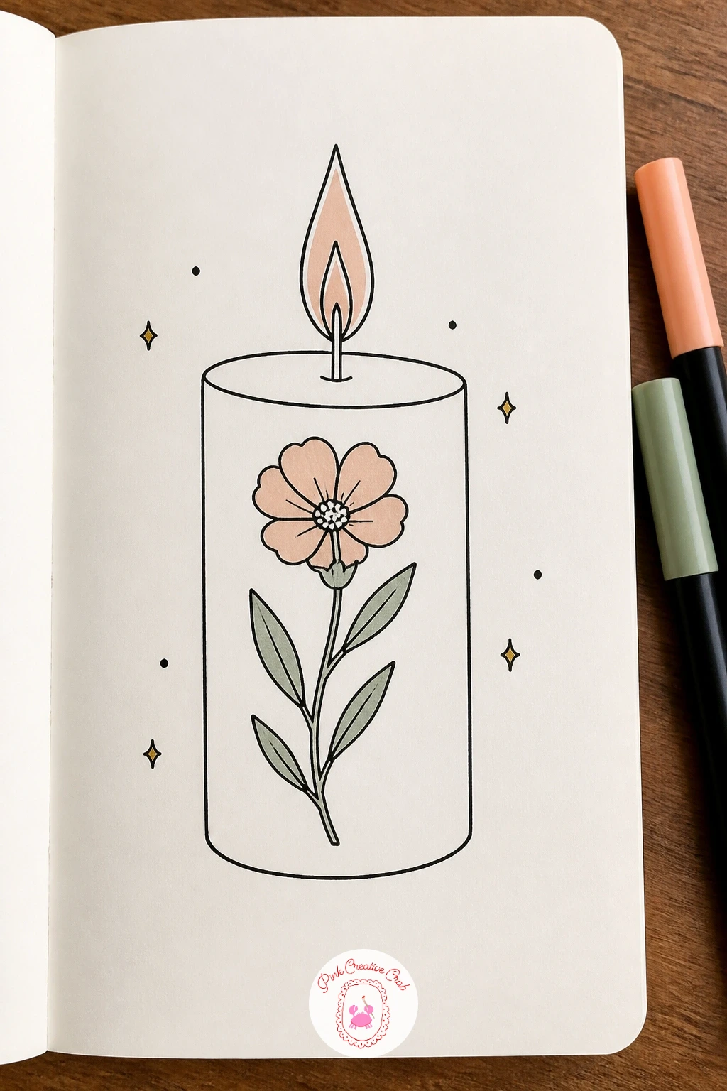 Candle With A Dried Flower In The Wax — Draw the pillar candle body first with its sides perfectly straight, since the interest here comes from what is pressed