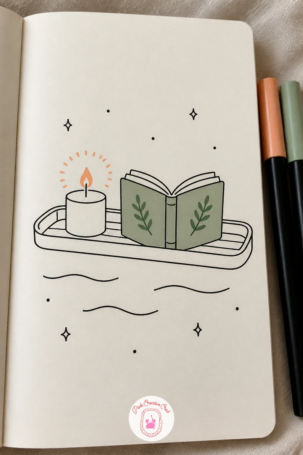 Candle On A Bath Tray With A Book — Start with the tray as a long thin rectangle with slightly rounded corners, wide enough to lay a small book and a candle