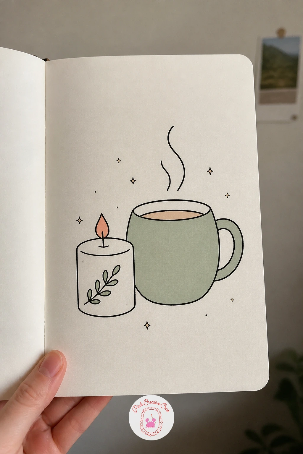 Candle And A Cup Of Tea — Draw the mug first, a simple rounded cylinder with one curved handle, then add a few short curved lines rising from the rim to