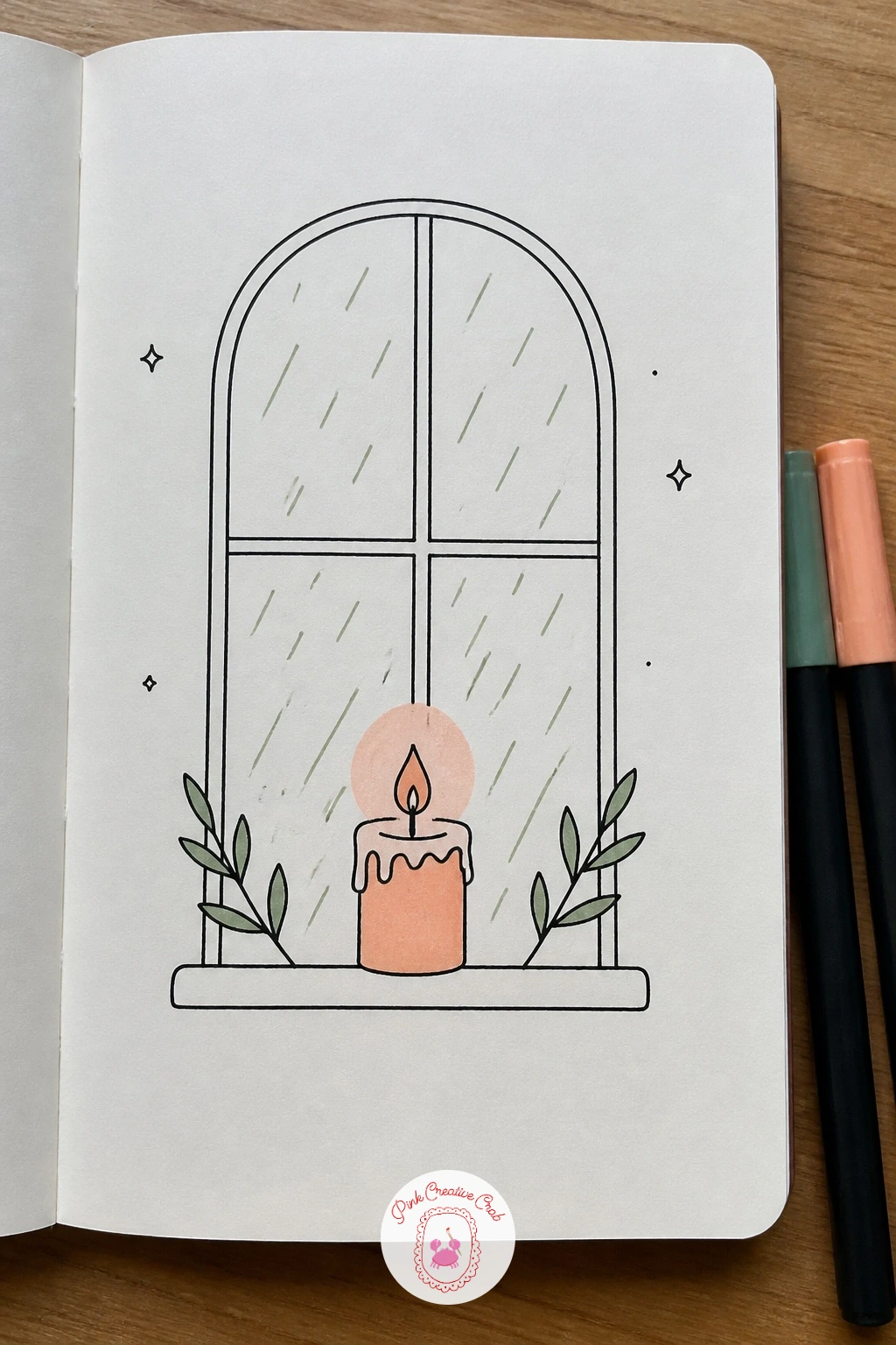 Candle In A Window With Rain Outside — Draw the window frame first as a simple grid, two or three panes across and down, since this gives you a clean structure
